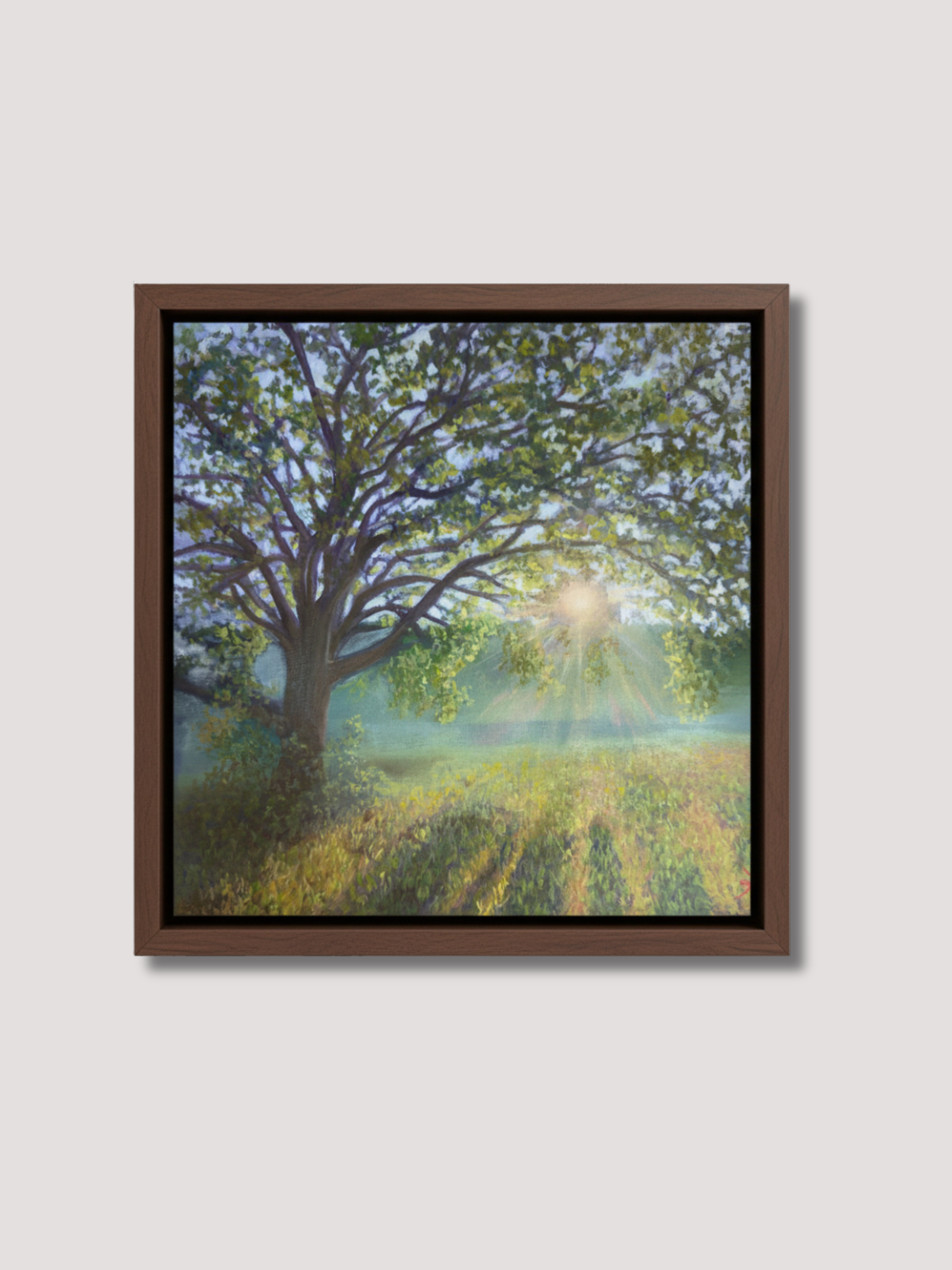 Framed oil painting of an oak tree with morning sunlight beaming from behind through the branches