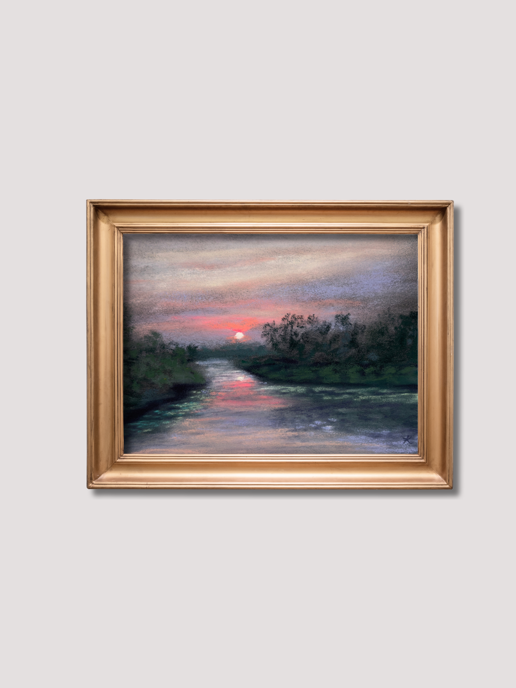 Framed soft pastel painting of peaceful river at sunset
