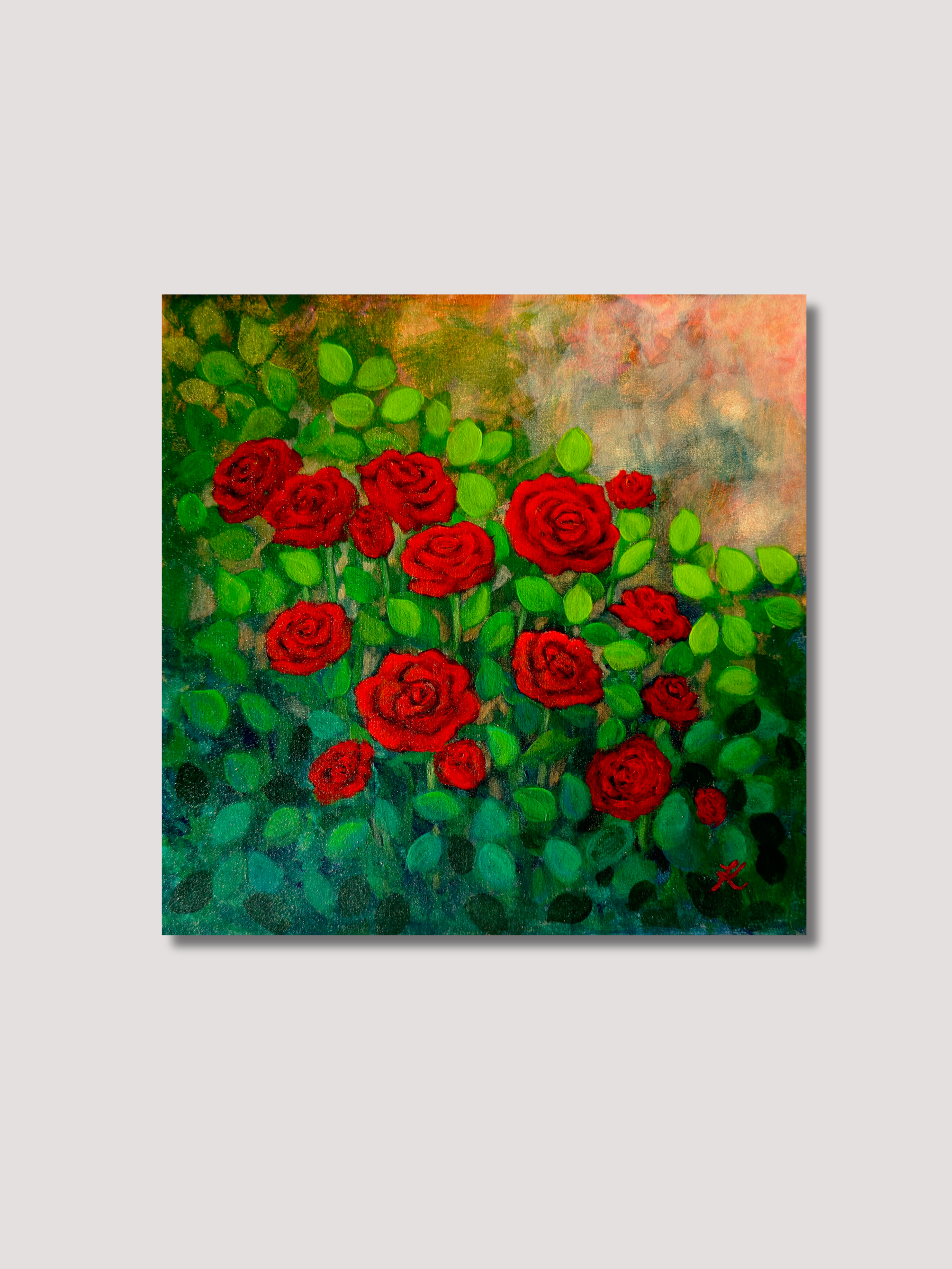 Unframed acrylic painting of red roses among green leaves