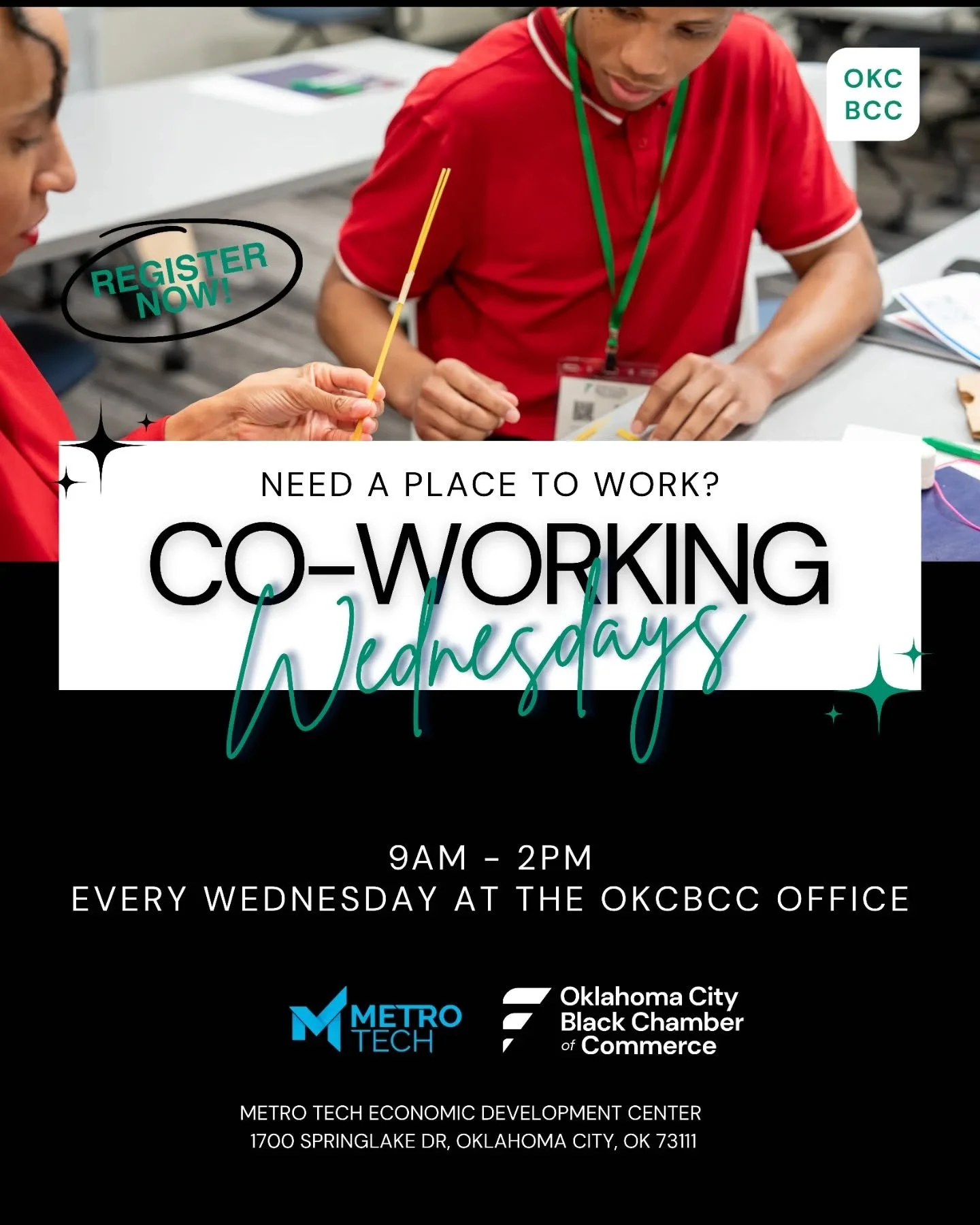 Tomorrow is Co-working Wednesday! Stop by our office between 9am and 2pm to works on your current projects, brainstorm, or just have some accountability buddies. 

Please register! You can view all events at okcblackchamber.org/events