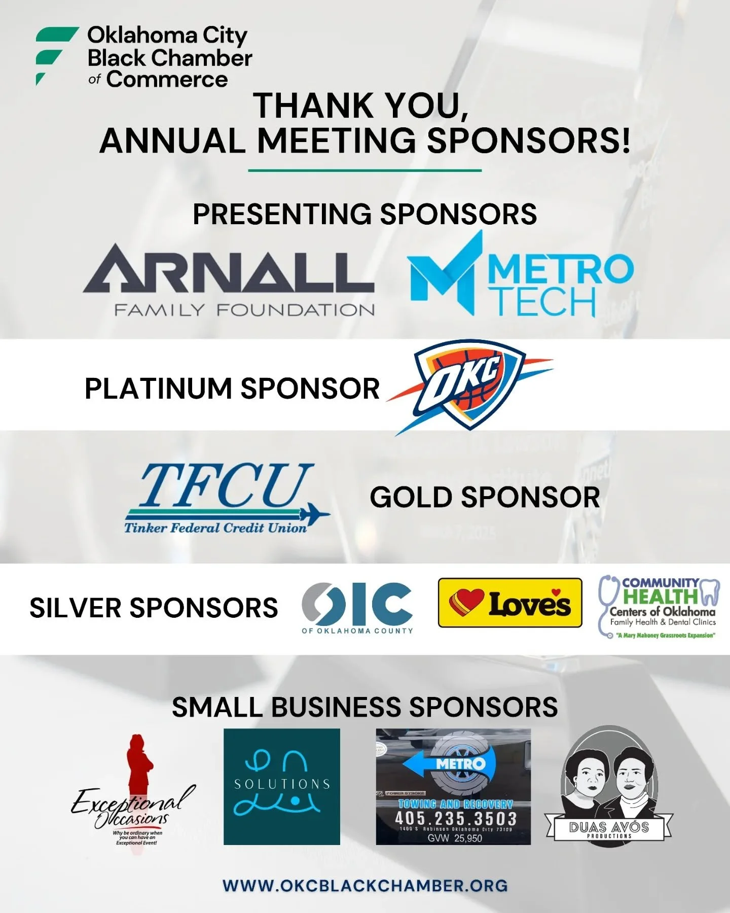 We want to send our sincerest thanks to the sponsors of our 2026 Annual Meeting &amp; Awards Luncheon!

Presenting Sponsors: Arnall Family Foundation &amp; Metro Tech ( @arnallfndn &amp; @metrotechokc )

Platinum Sponsor: Oklahoma City Thunder ( @okc