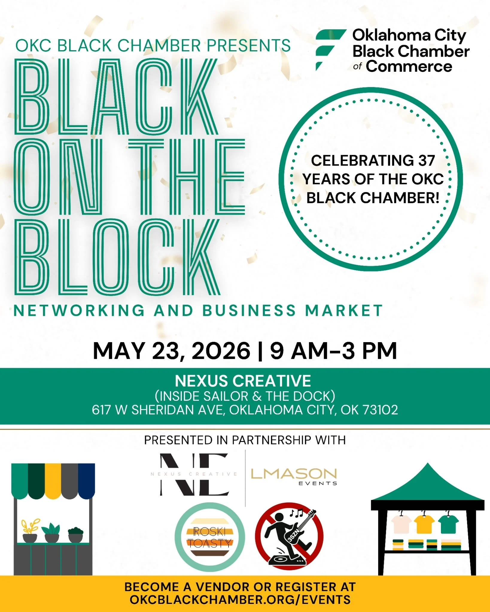 Become a Black on the Block vendor or sponsor and amplify your brand!

Register, sponsor, or apply to vend at okcblackchamber.org/events
----

Celebrate 37 years of the OKCBCC with our curated vendor showcase where business meets community and connec