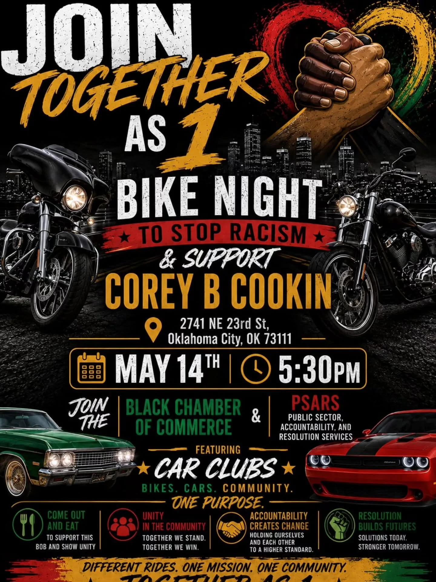 The OKC Black Chamber of Commerce is proud to partner with this important community event as we stand together for unity, accountability, change, and resolution.

Join us for &ldquo;Together As 1&rdquo; Bike Night in support of Corey B. Cookin&rsquo;