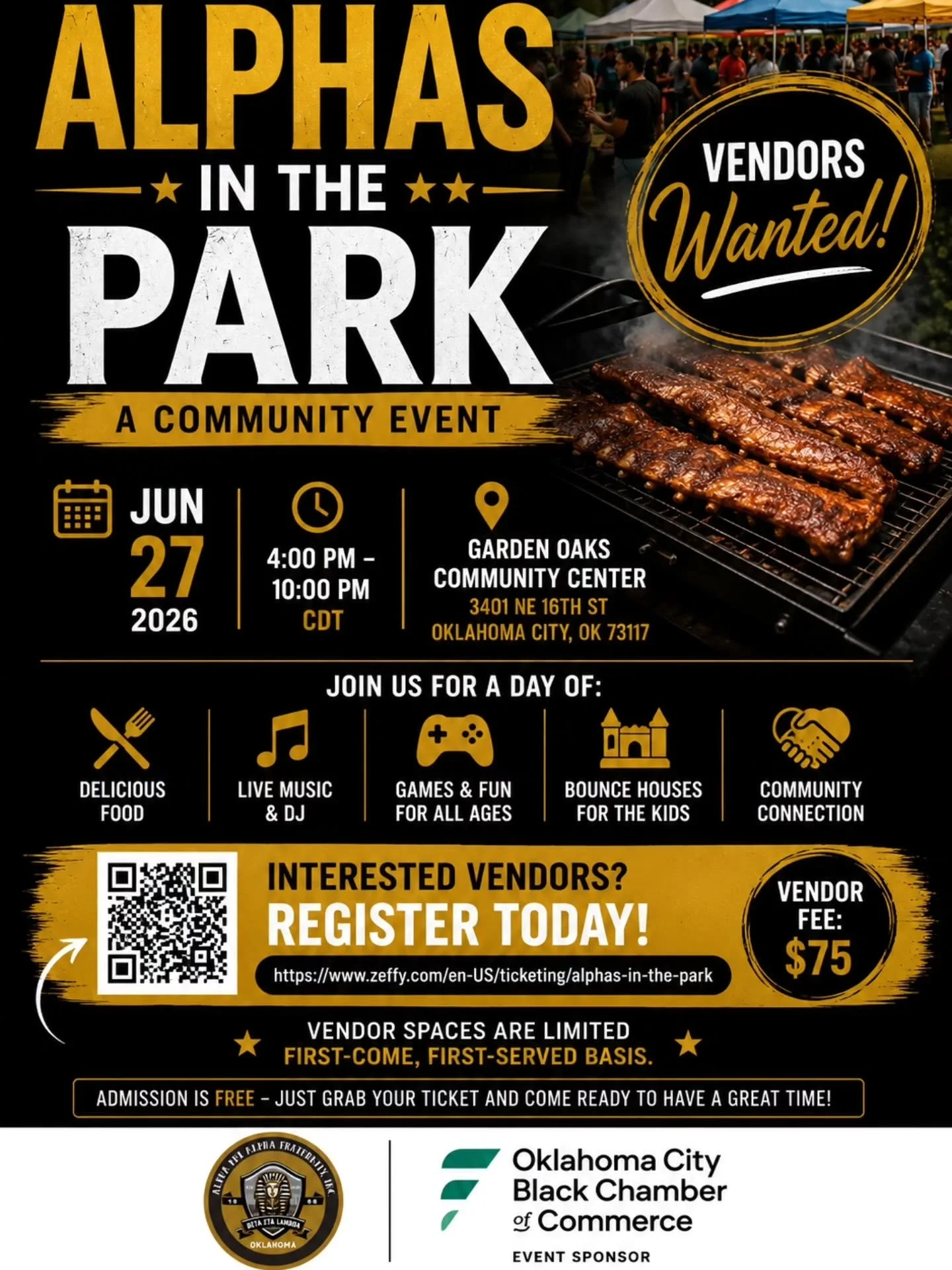 📣 VENDOR CALL: ALPHAS IN THE PARK 2026! 📣

The Oklahoma City Black Chamber of Commerce is proud to partner with Alpha Phi Alpha Fraternity, Inc. &ndash; Beta Eta Lambda Chapter to recruit outstanding vendors for the upcoming Alphas in the Park Comm