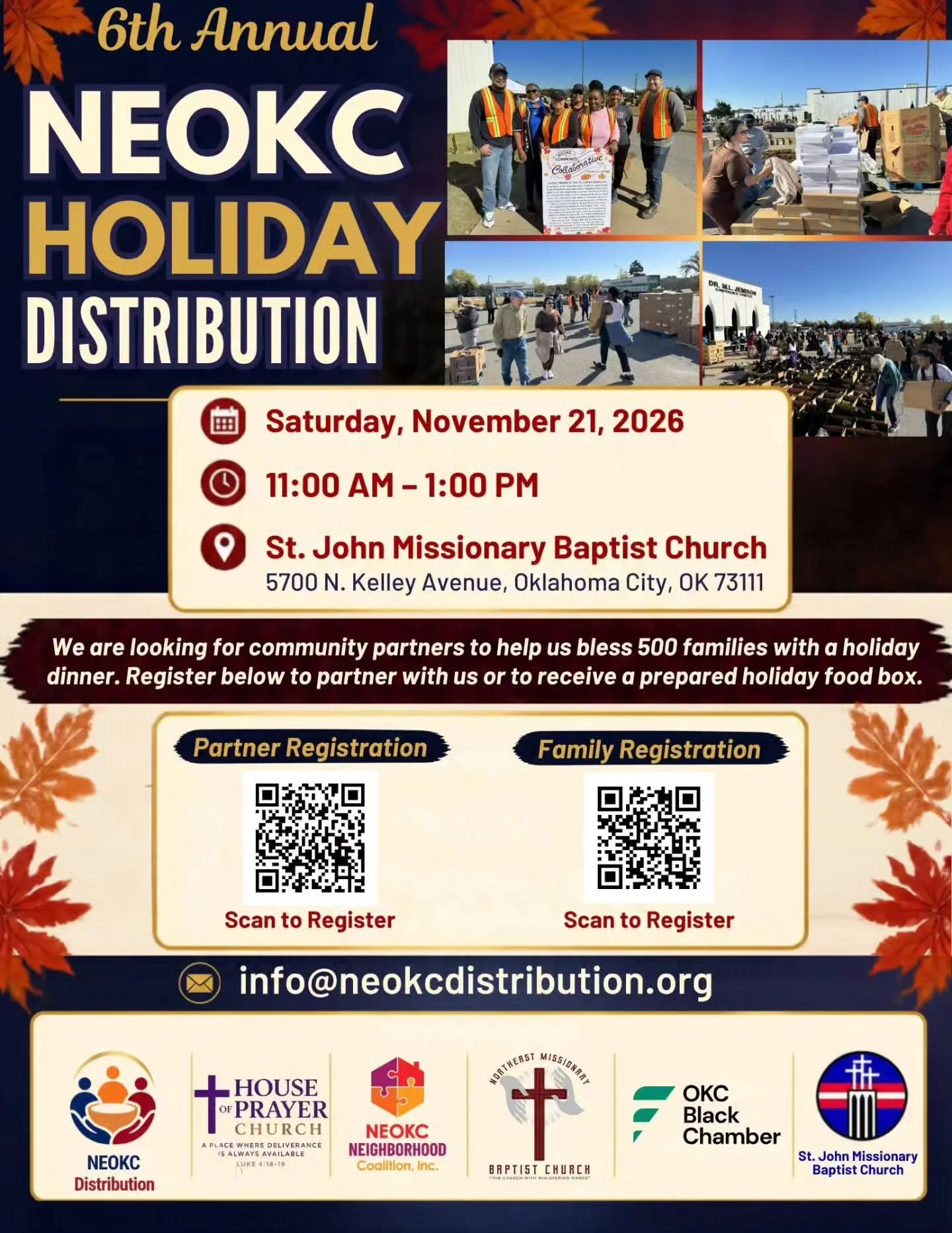 🍂 HELP US BLESS 500 FAMILIES THIS HOLIDAY SEASON! 🍂

Good Day, Good People! 💚

The Oklahoma City Black Chamber of Commerce is proud to partner in the 6th Annual NEOKC Holiday Distribution as our community comes together with one goal: providing 50
