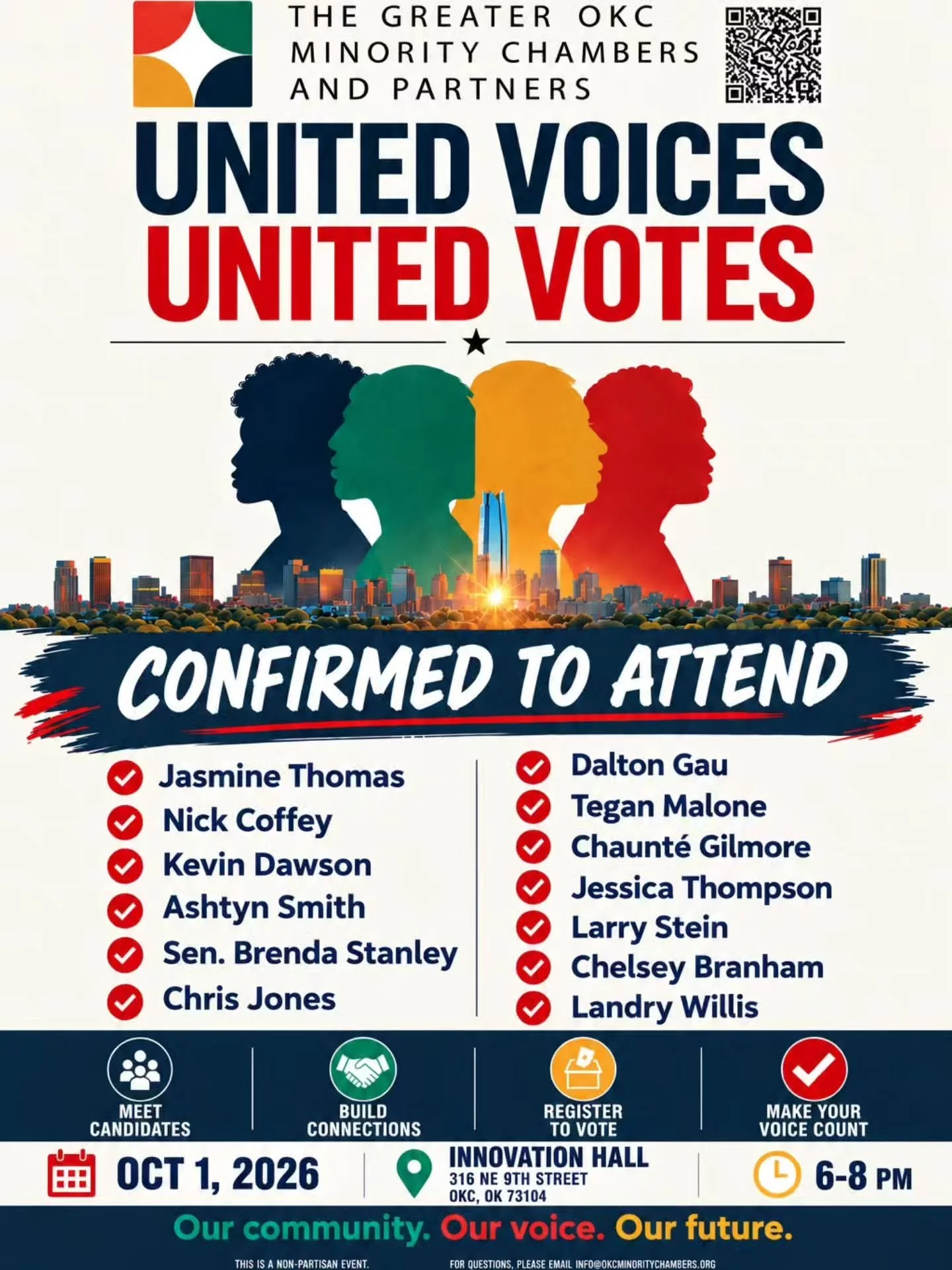 💙💚 TONIGHT: United Voices, United Votes | Meet the Candidates ❤️🧡

Good Day, Good People / Community Partners, Members, and Friends!

This is a friendly reminder that United Voices, United Votes is happening TONIGHT, Thursday, October 1, from 6:00