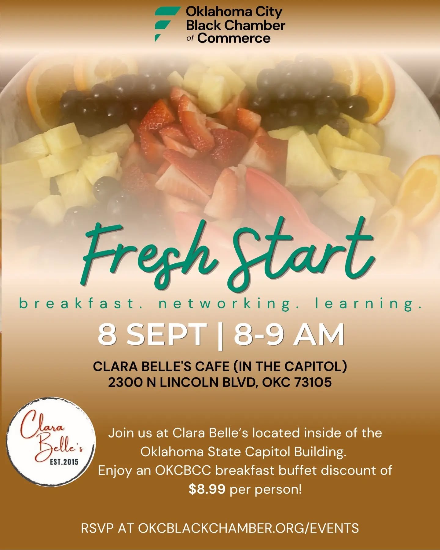 We're in the last month of Q3, and there's still time to meet your quarterly networking goals! Come on out to Fresh Start at a new location this month! We're meeting at Clara Belle's cafe located inside of the state capitol.

It's free to attend, jus