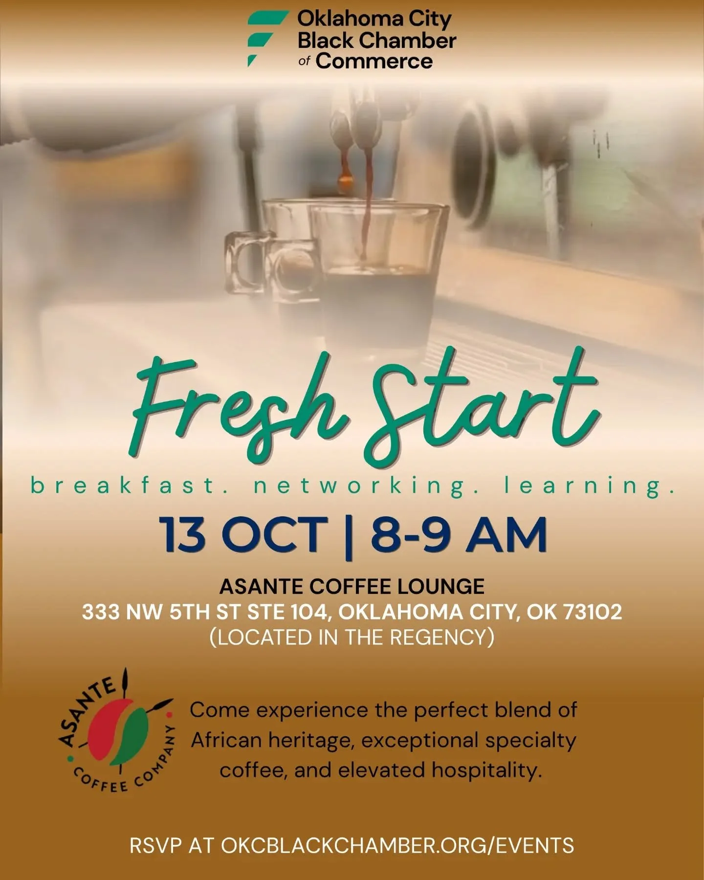 Join the OKC Black Chamber on the 2nd Tuesday of every month for Fresh Start: Networking Breakfast.

This month, we're meeting at Asante Coffee Lounge ( @asantecoffe )! Come experience the perfect blend of African heritage, exceptional specialty coff