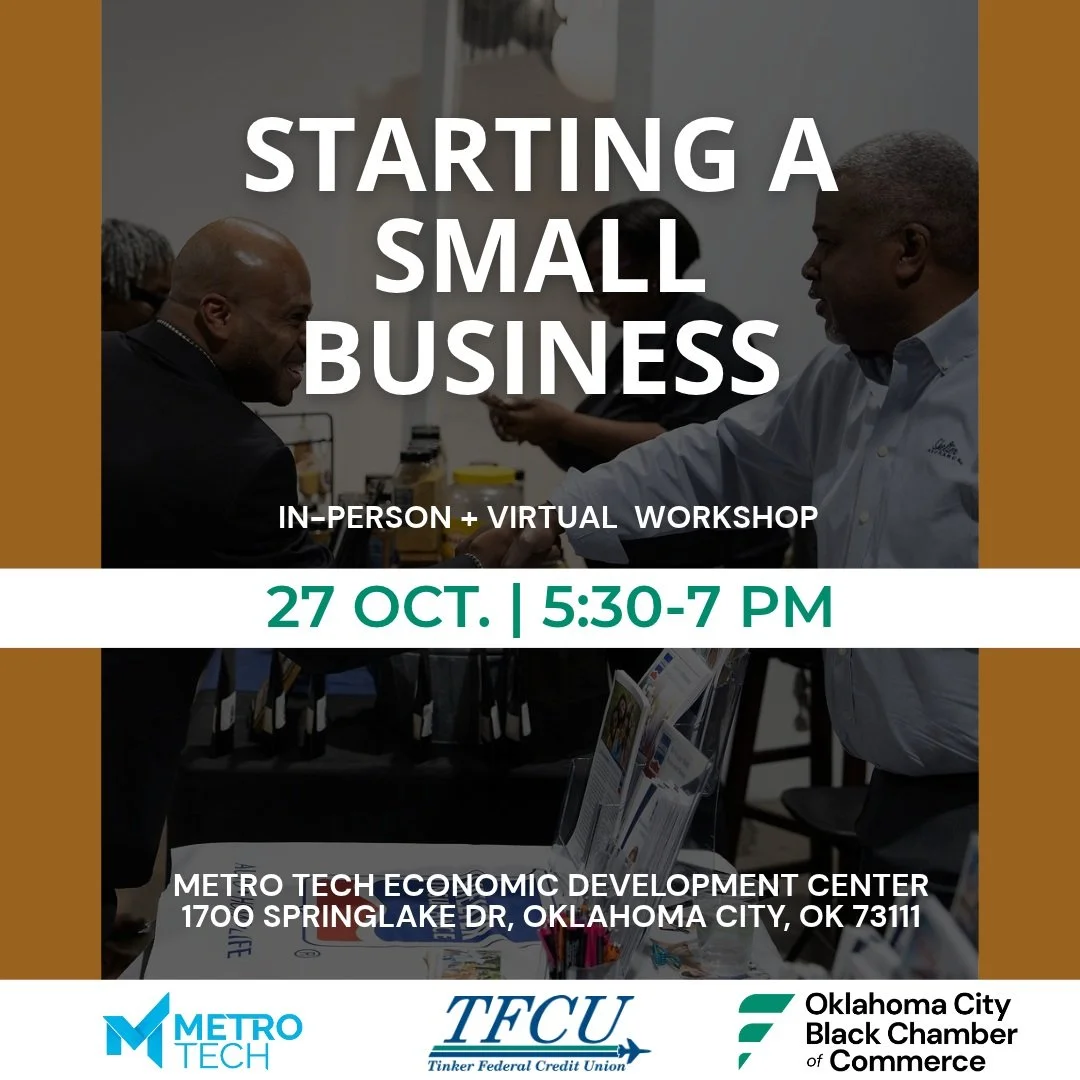 HAPPENING TONIGHT | FREE BUSINESS WORKSHOP!

Have a business idea? Ready to take your business to the next level?

The Oklahoma City Black Chamber of Commerce, in partnership with Tinker Federal Credit Union and Metro Tech, invites entrepreneurs, asp