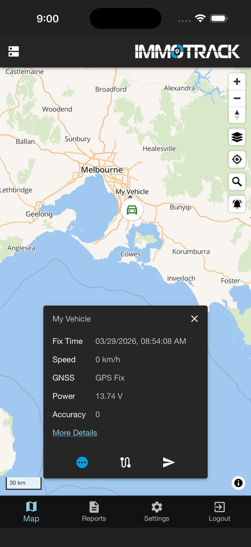 ImmoTrack app live map showing vehicle location