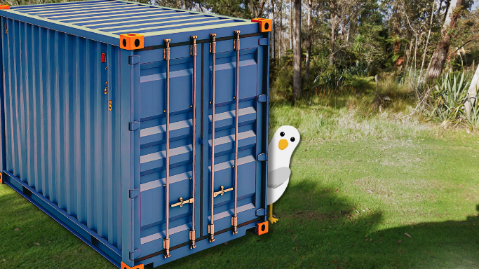 Seagull peeking out from behind shipping container
