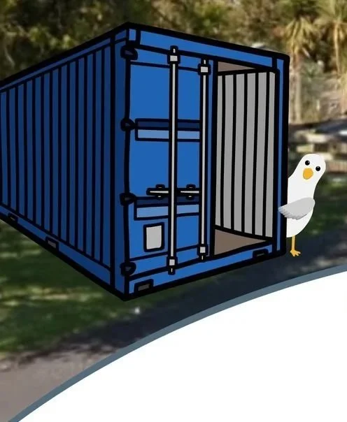 cartoon seagull looking around shipping container