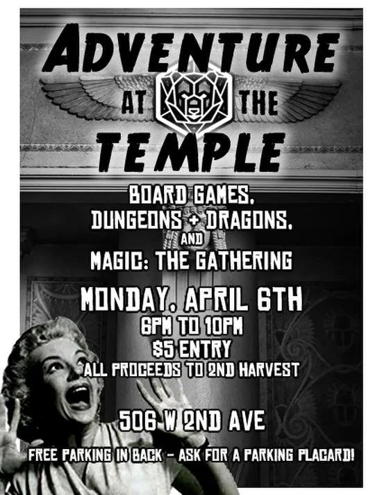 Phil and Clay are letting us do some D&amp;D one shots at the local Masonic lodge. I (Seth) will be running a eldritch horror one shot in the middle of a Masonic ceremonial room. It&rsquo;s gonna be awesome. All proceeds go to Second Harvest to suppo
