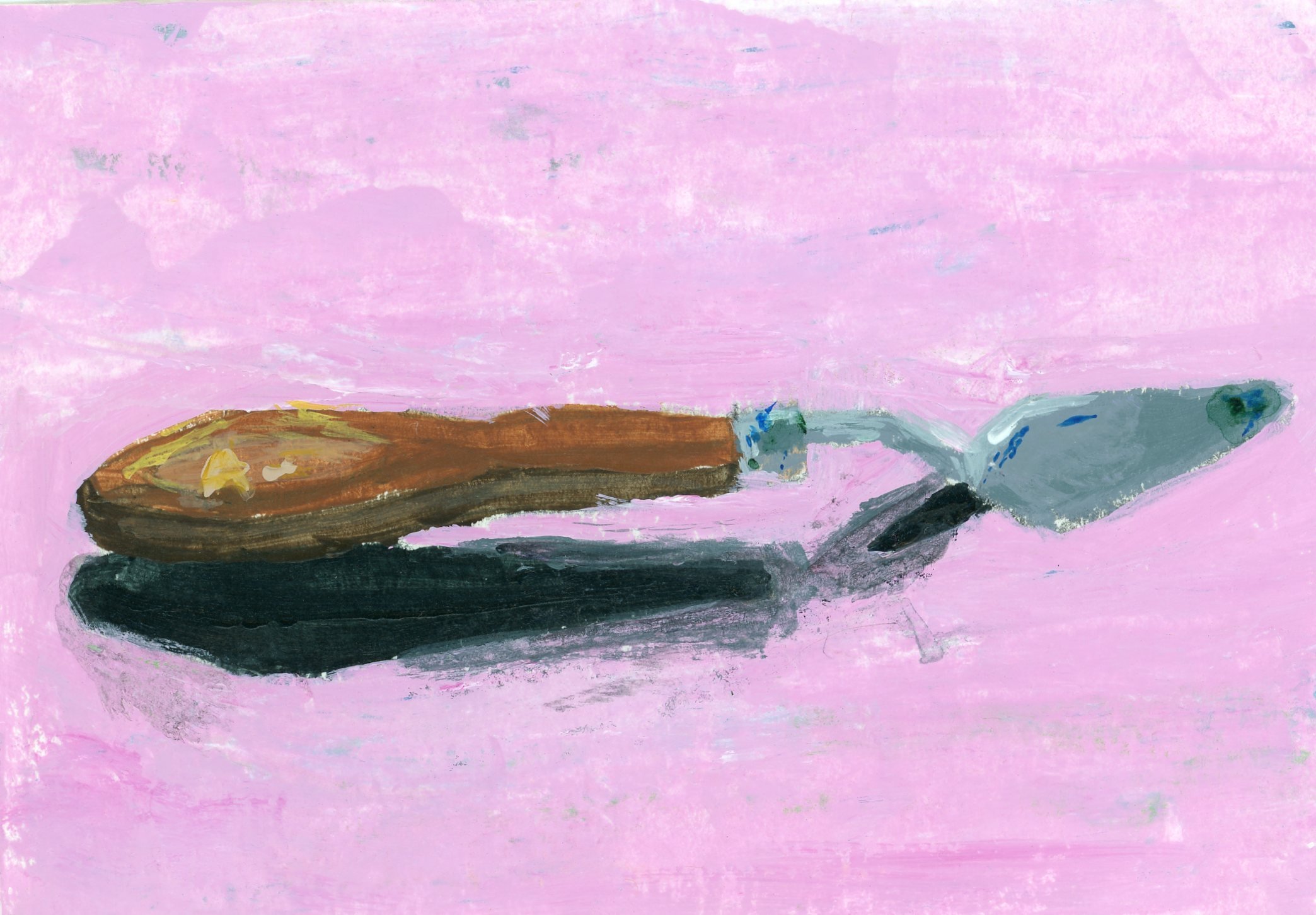 Painted image of a wood-handled palette knife with a silver spatula, resting on a pink background.