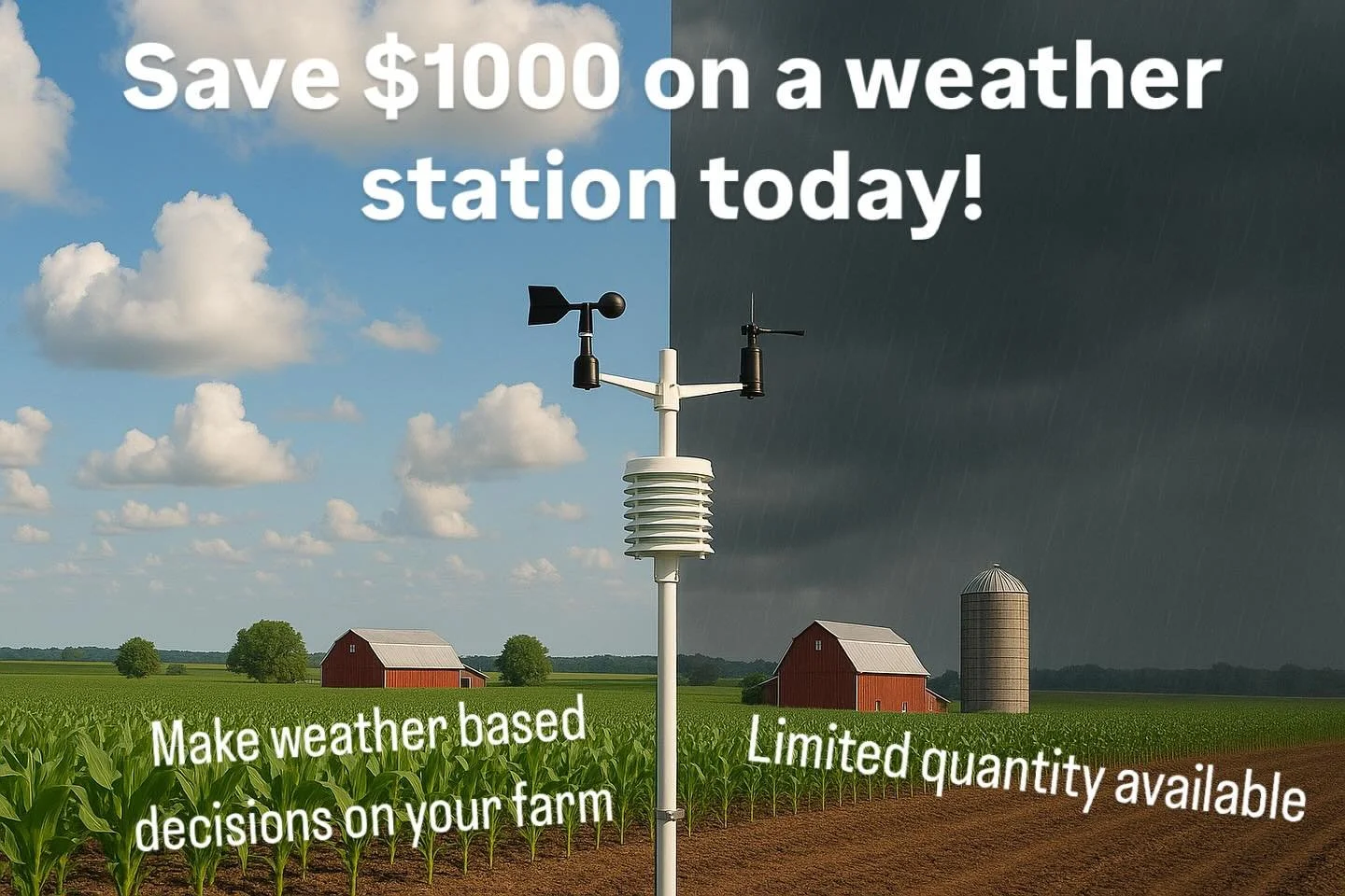 I have 2 Metos weather stations available with $1000 savings per station! Offer ends as soon as they are gone! 
Station includes:
-Temperature sensor
-Wind direction and speed 
-Rain bucket 
-Leaf wetness sensor
-Ability to add a moisture probe 

#Me
