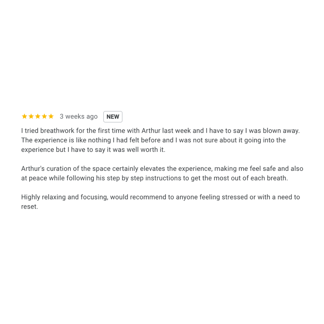 Review of a breathwork experience describing feelings of safety, peace, and relaxation achieved through guided instructions.