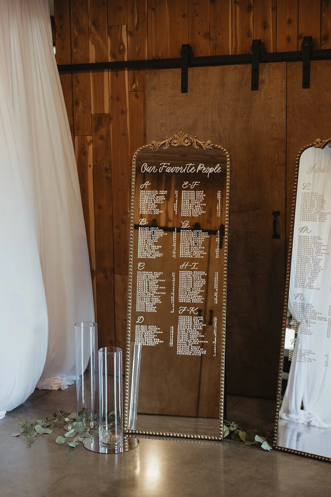 A zoomed in picture of a seating chart on a mirror.