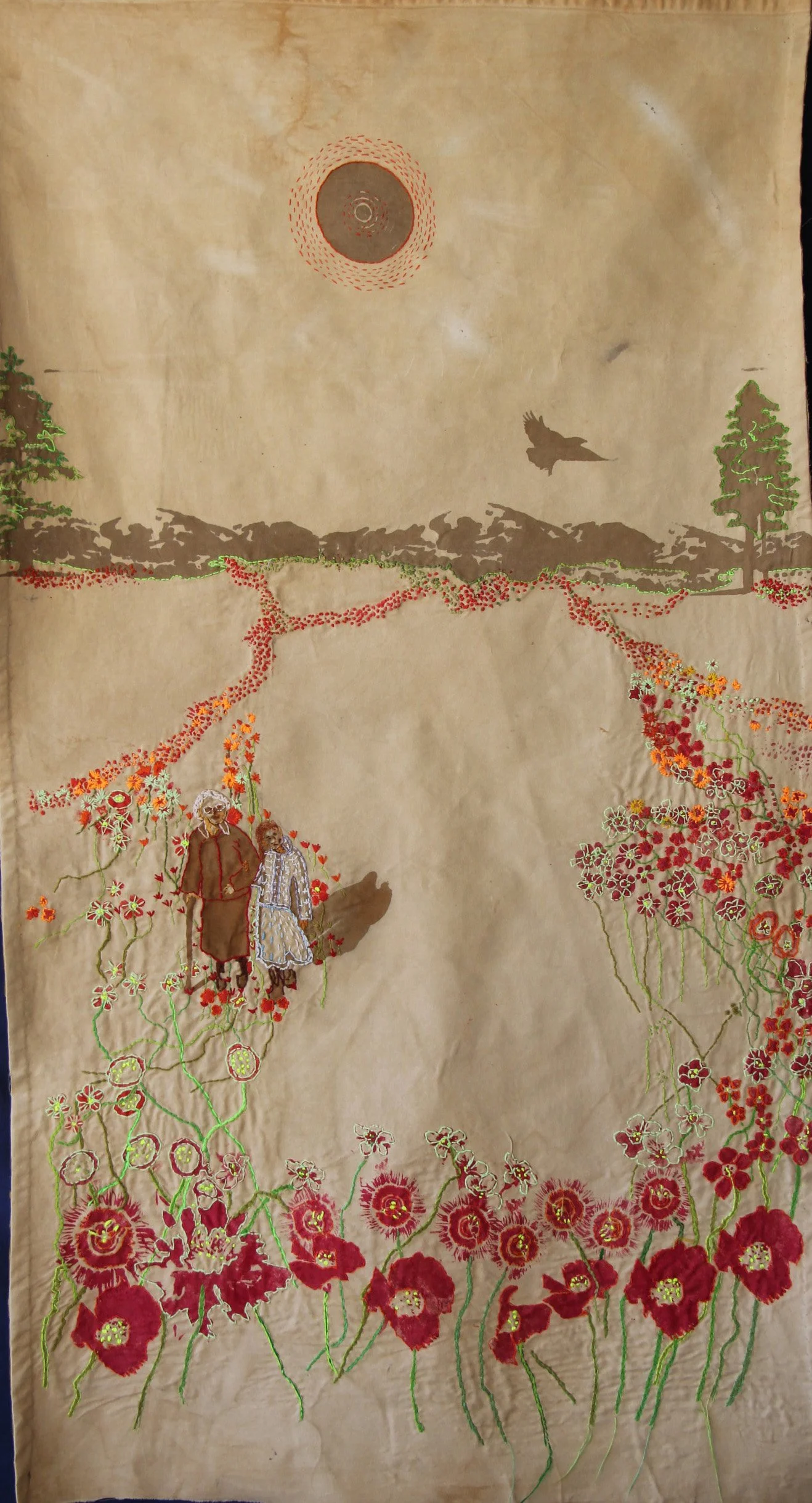 Summer Walk (2024)—Tapestry-Dyed with Oak Gall Tannin, Iron Mordant Print, Silk Embroidery