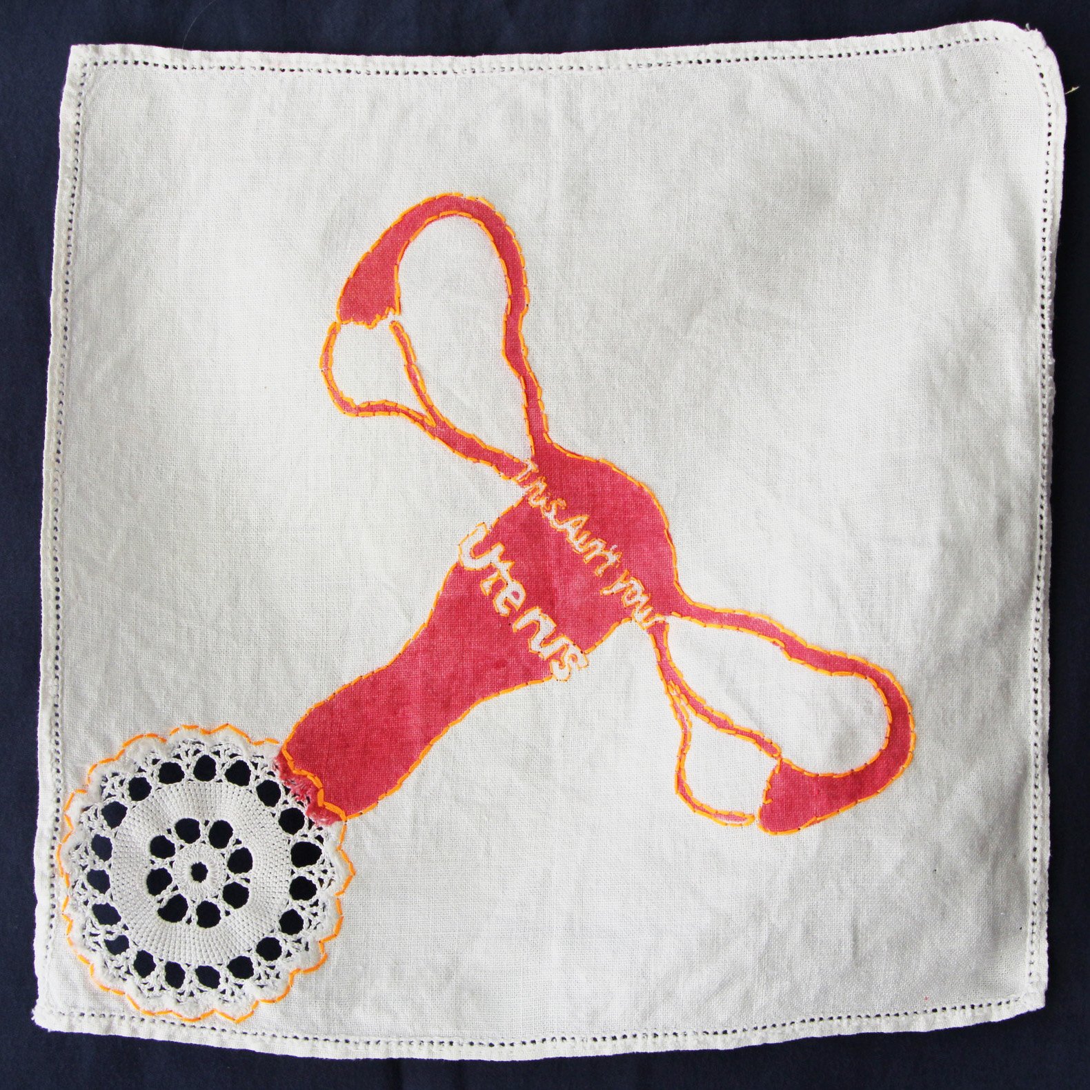 Not Yours (2024)—Vintage Napkin, Stencil Print, Procion Dyes 