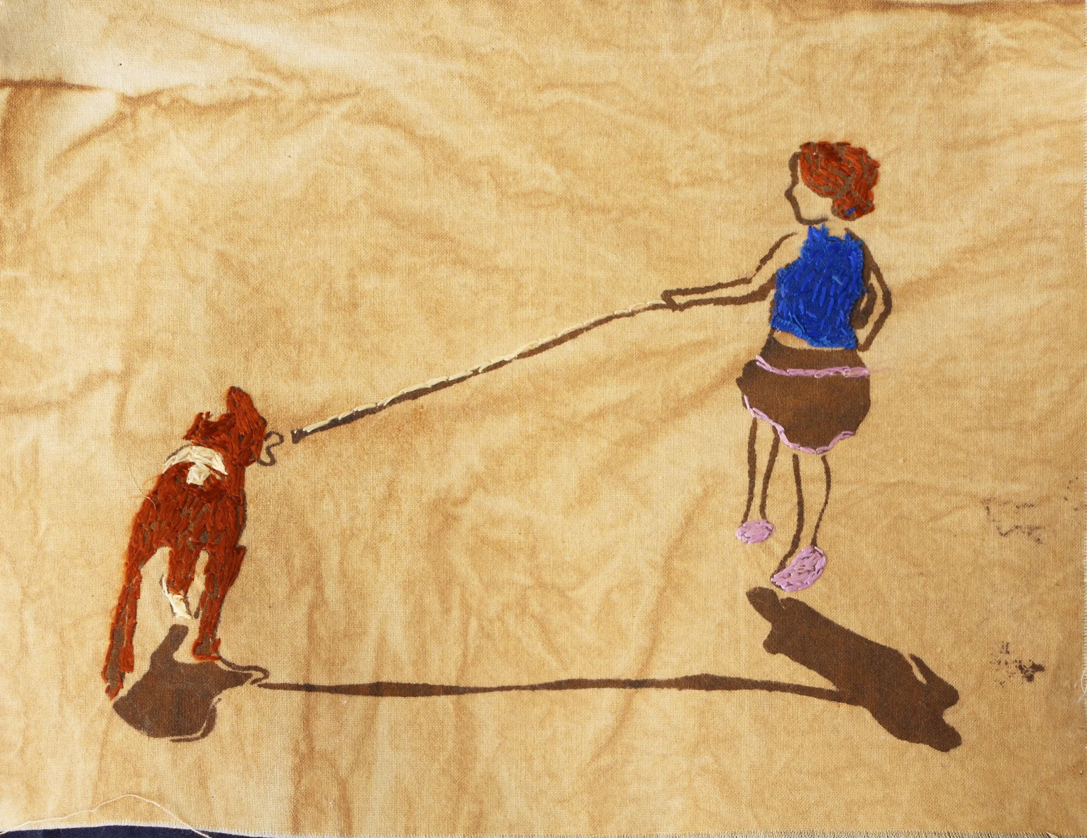 Girl with Dog (2026)—Small cotton swatch, dyed with oak gall tannin, iron mordant print, silk embroidery