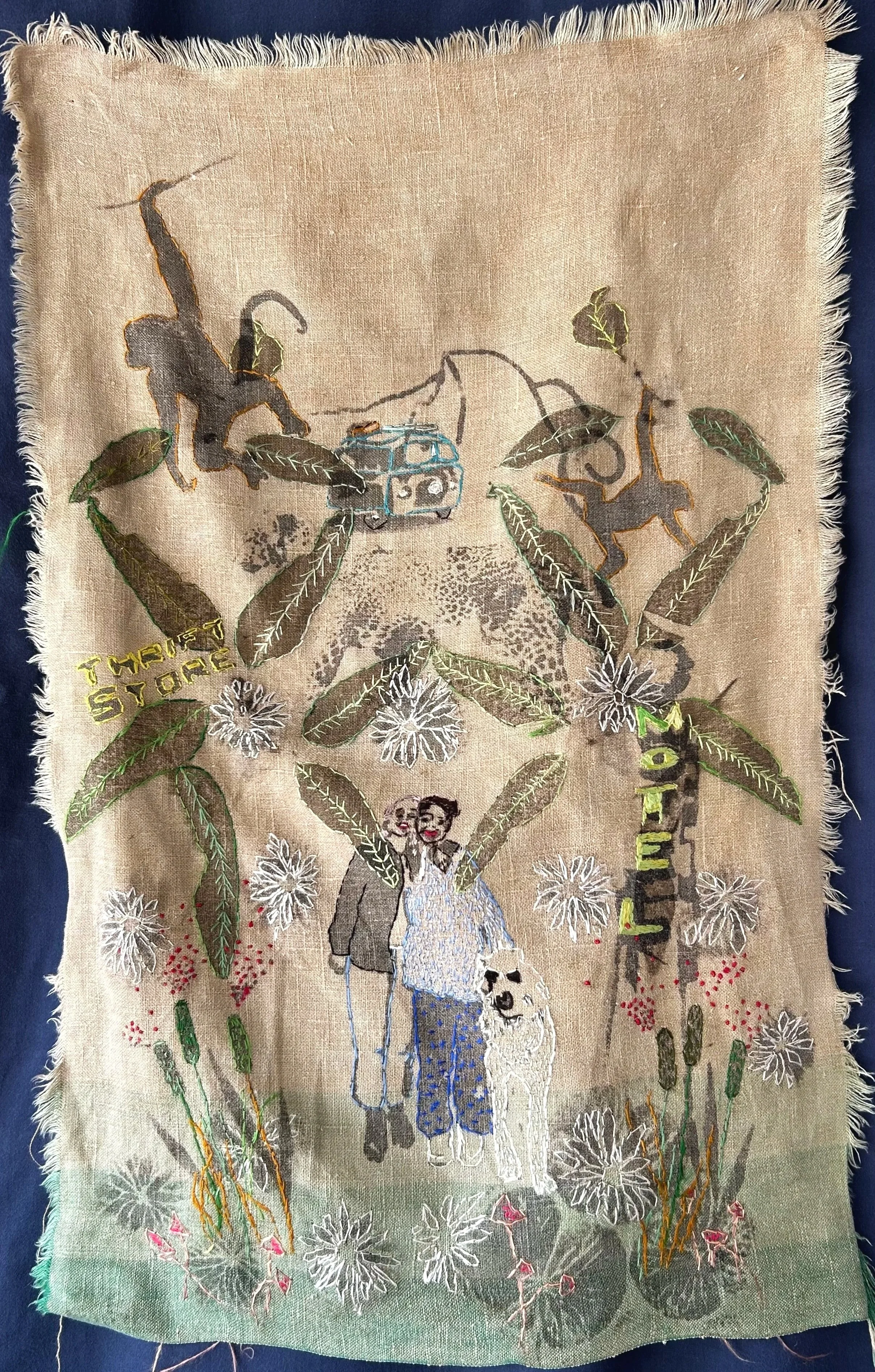 On the Road with Monkeys and Dogs (2025)—Upcycled Linen Cloth, Botanical Eucalyptus Prints, Dyed with Oak Gall Tannin, Silk Embroidery