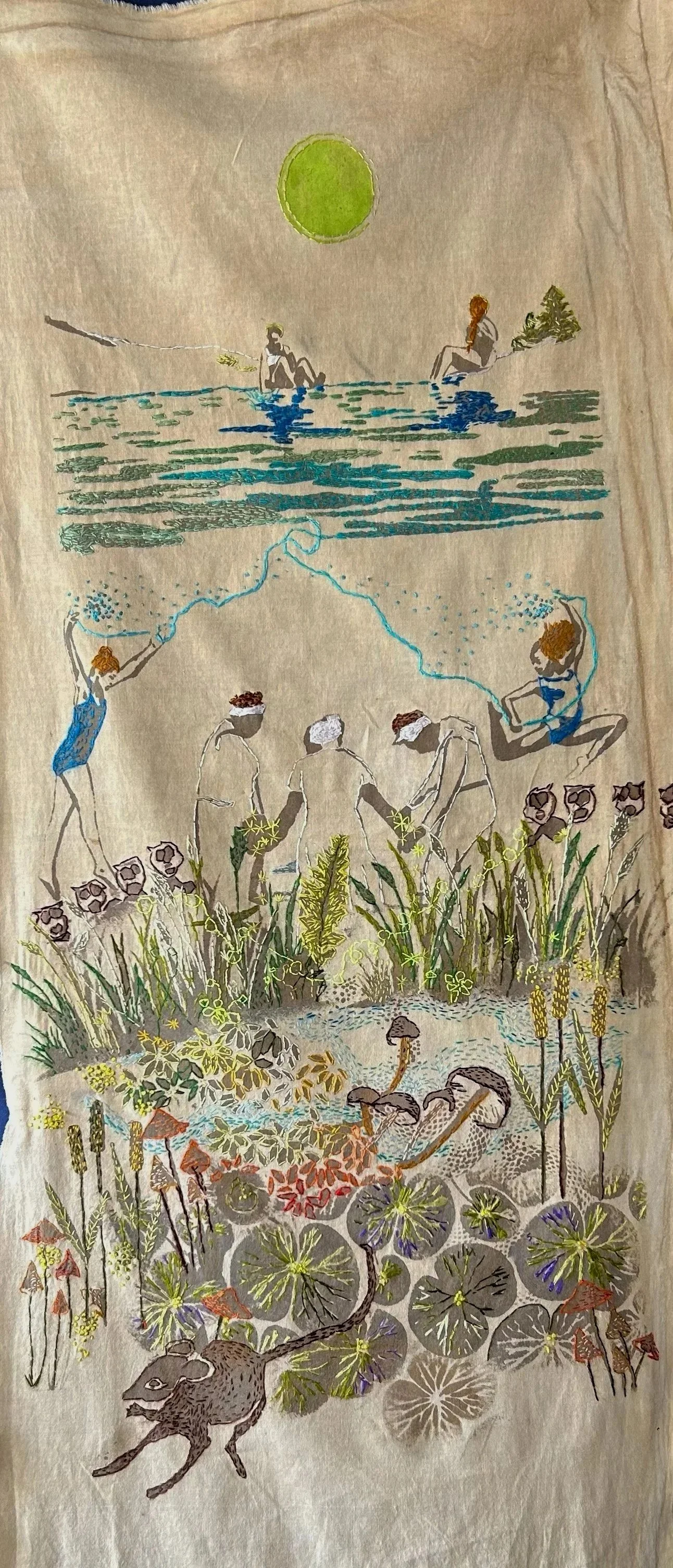Water Spirits (2025)—Tapestry dyed with oak gall tannin, iron mordant print, and silk embroidery. 