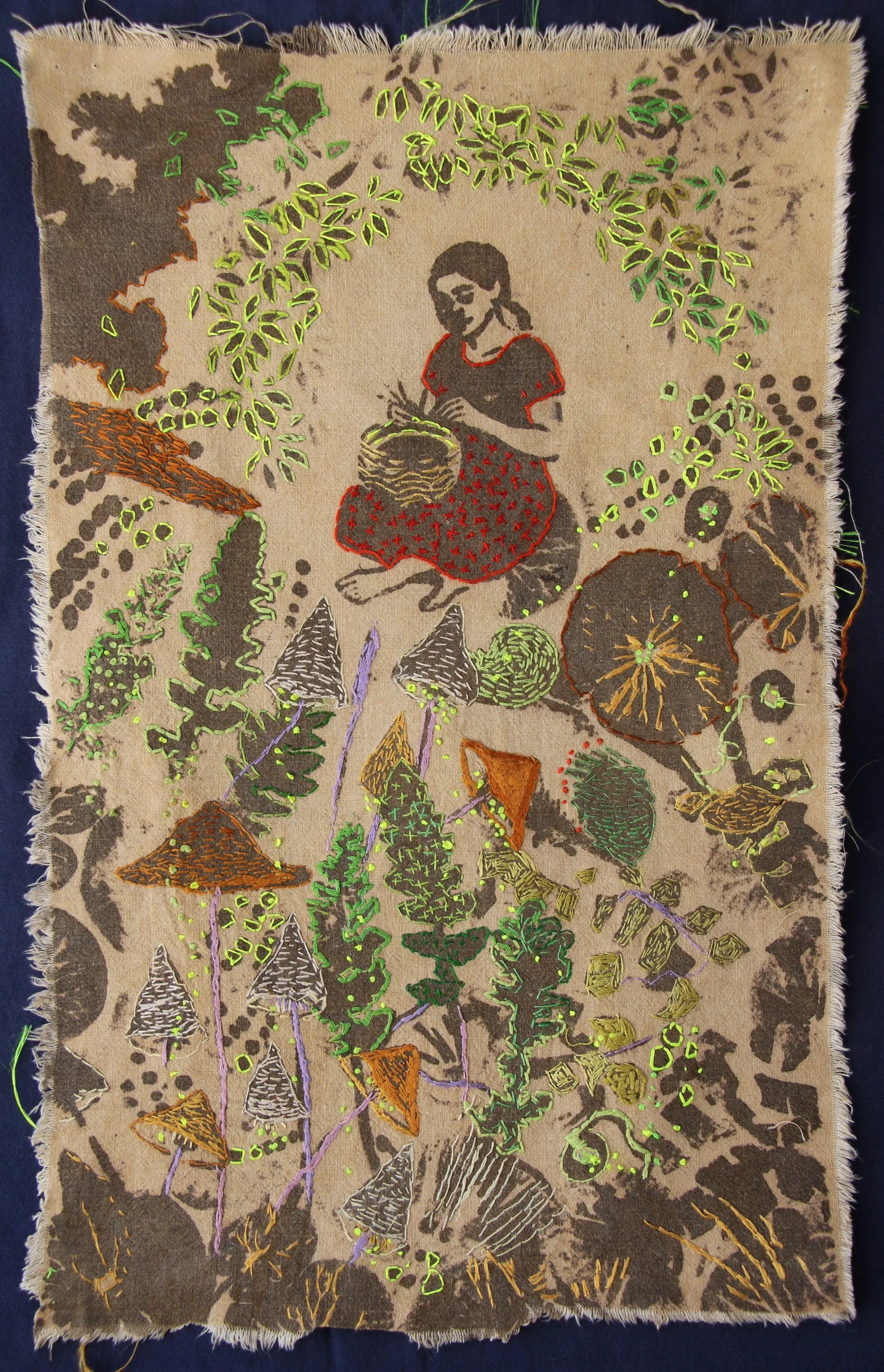 Woman Who Weaves the World (2024)—Dyed with Oak Gall Tannin, Iron Mordant Print, Silk Embroidery