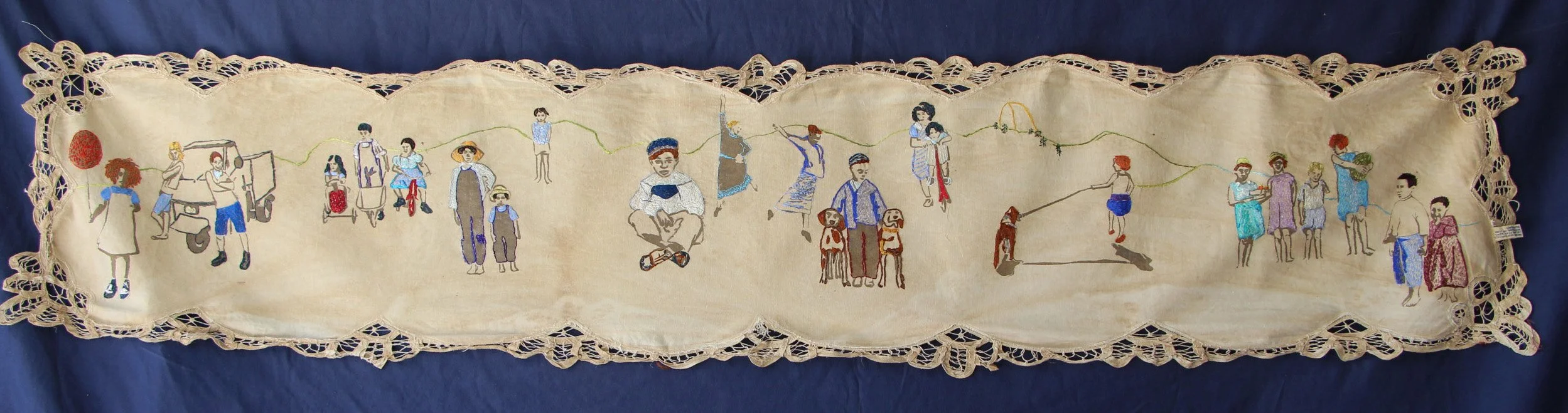 Foundlings (2026)—Vintage Table Runner—dyed with oak gall tannin, iron mordant print, and silk embroidery. 