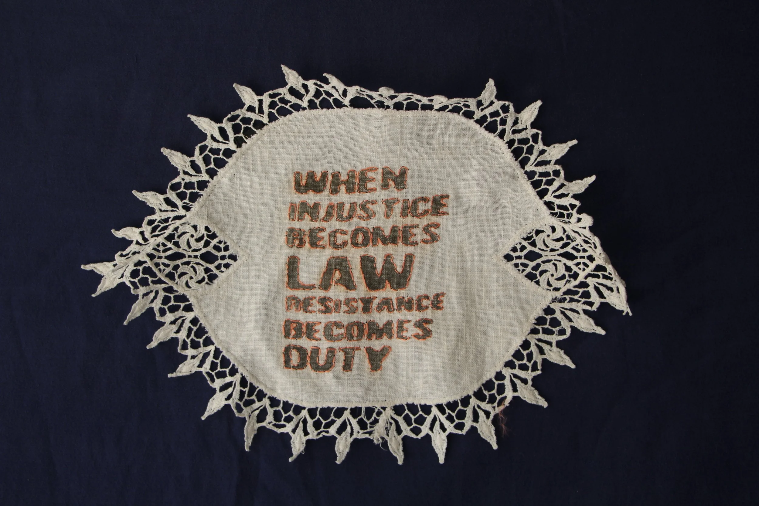 Untitled (2024)—Vintage Doily—Procion MX dye, urea, soda ash, sodium alginate, silk embroidery