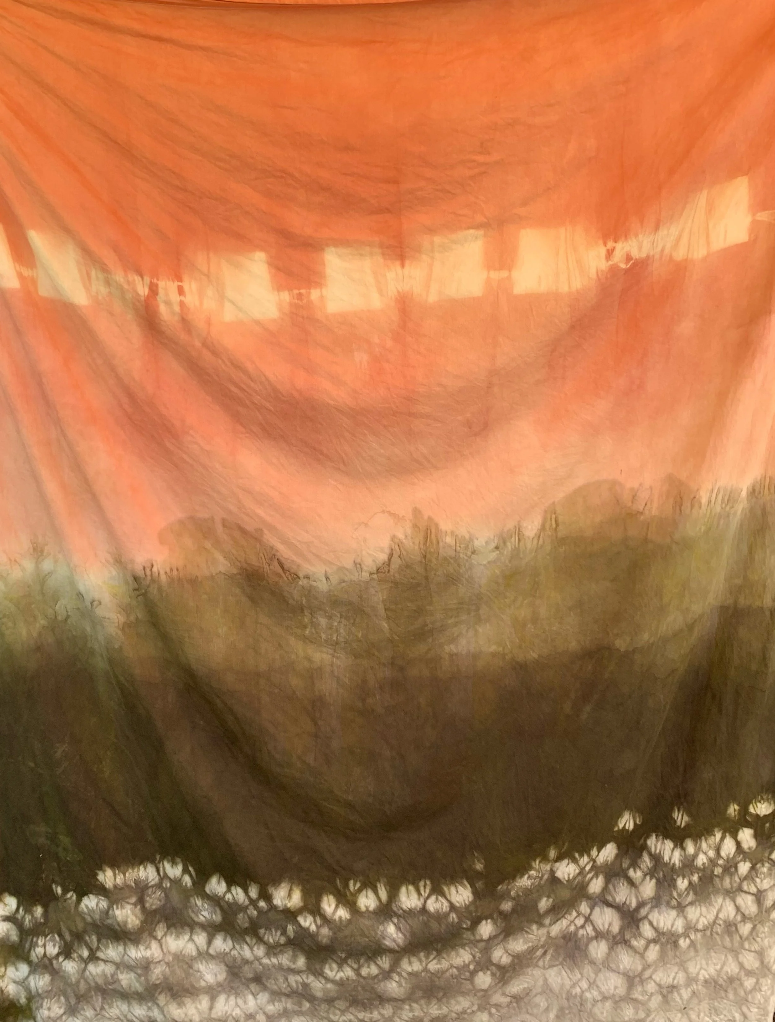 Experiments with Multiple Dye Pots (2026) — Recycled cotton, madder, osage, logwood; shibori resist