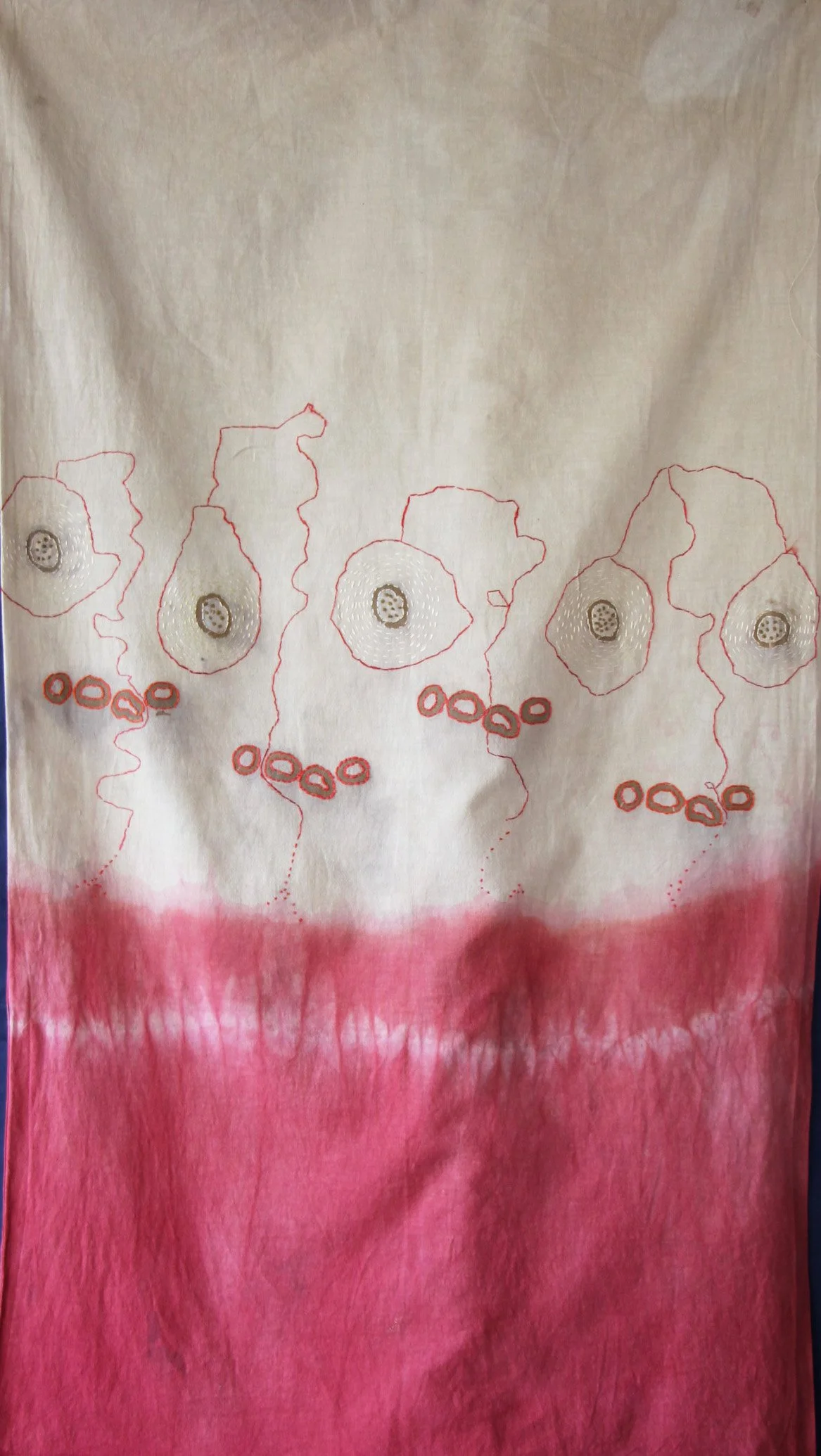 Embers (2025)—Stitch Shibori, Madder, Oak Gall, Iron Print, Embroidery