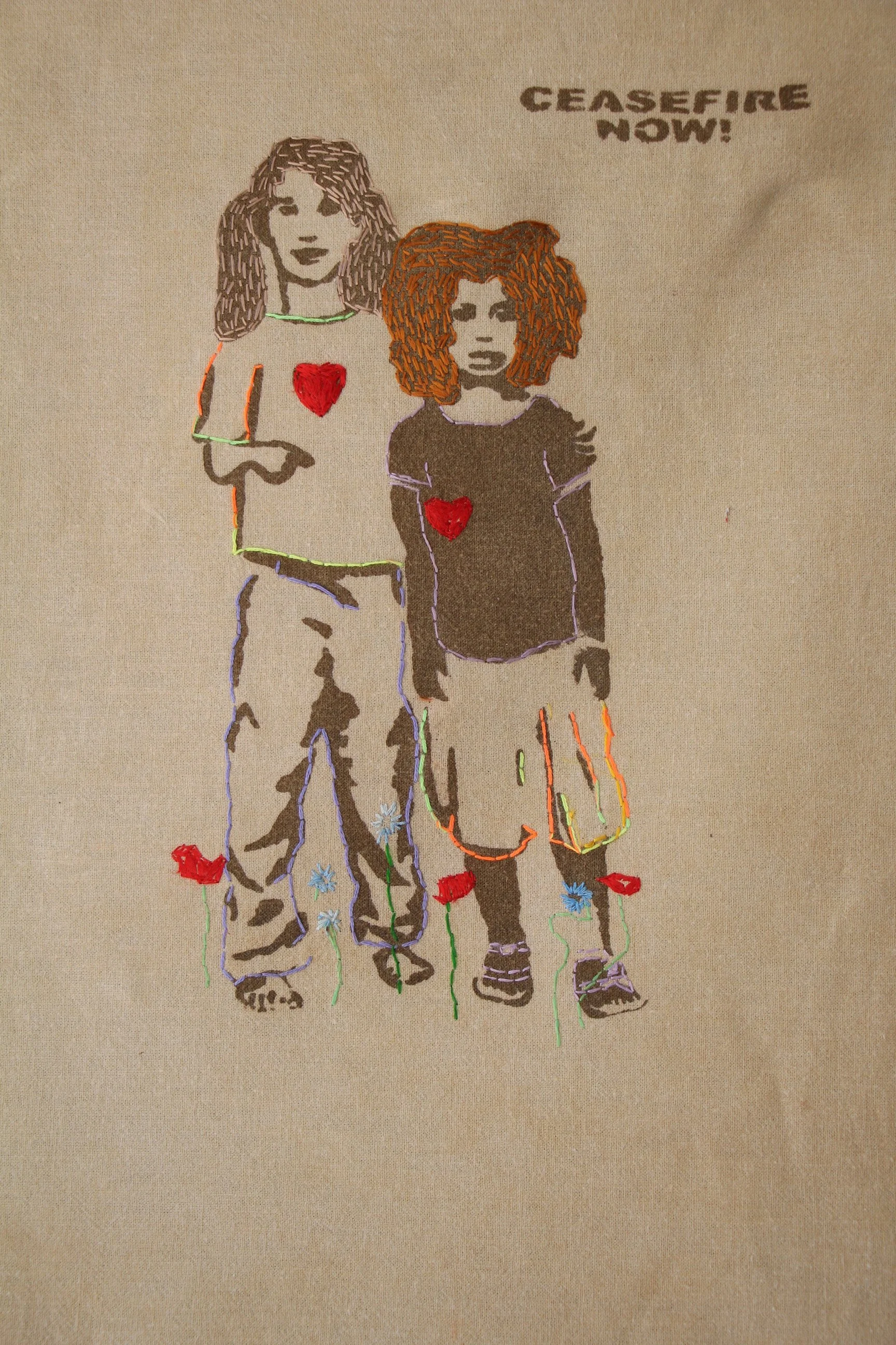 Anemone and  Iris (2025)—Tapestry dyed with oak gall tannin, iron mordant print, and silk embroidery. 