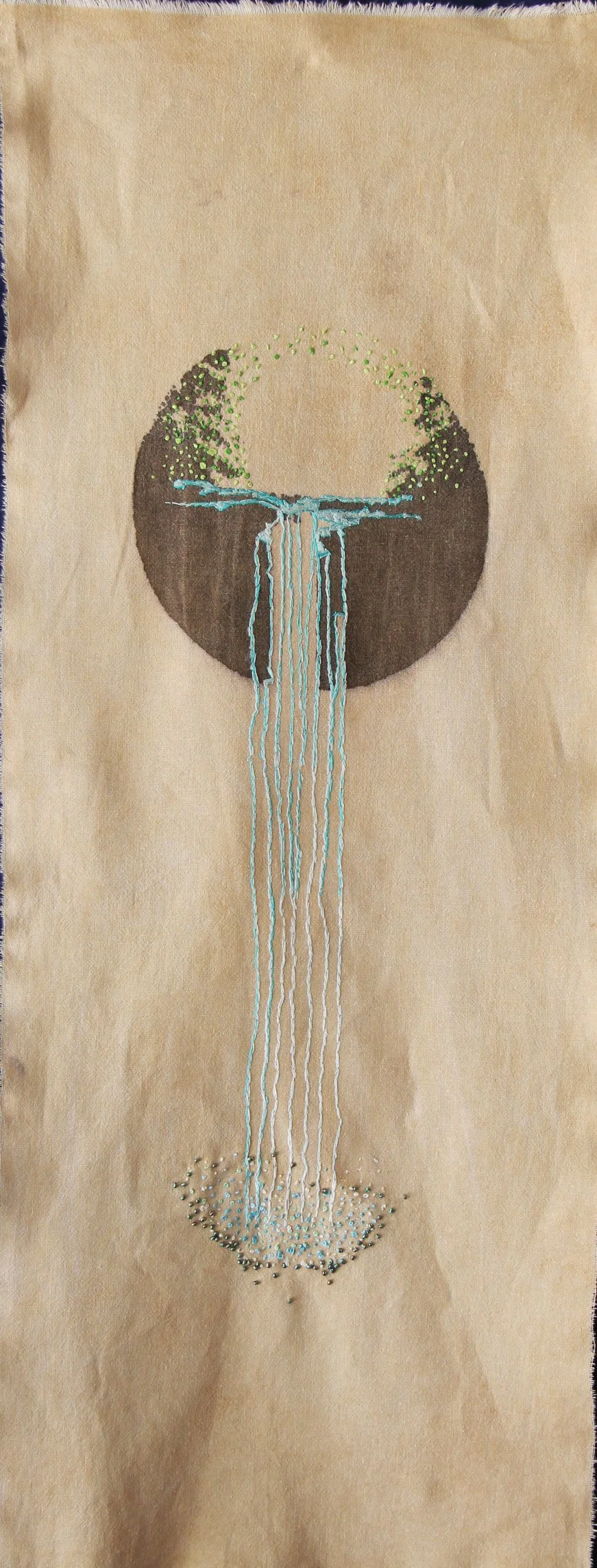 When the River Disappears (2024)—Tapestry dyed with oak gall tannin, iron mordant print, silk embroidery, freshwater pearls