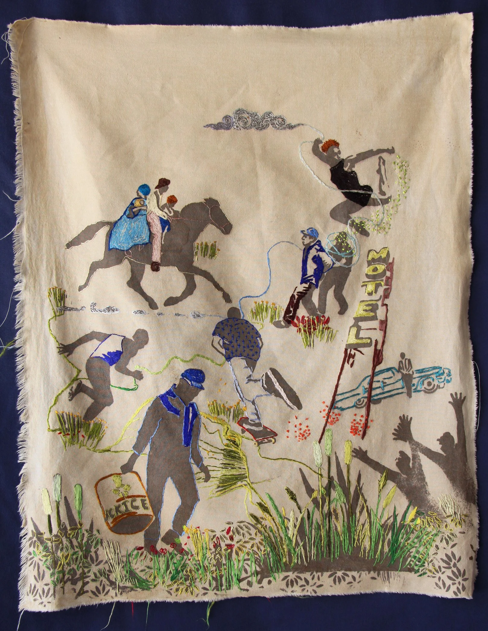 Nothing New/Still Running (2025)— Tapestry dyed with oak gall tannin, iron mordant print, and silk embroidery. Based on Ride to Liberty by John Eastman.