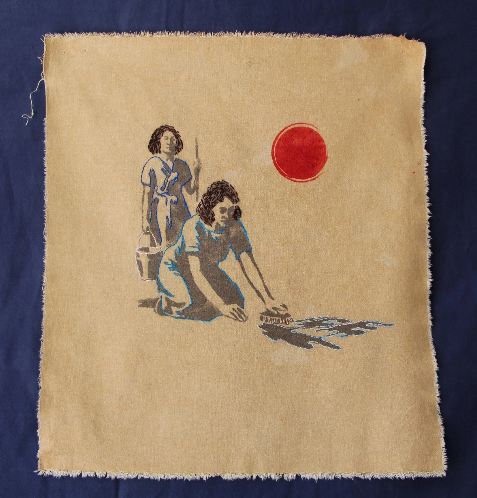 Ice Will Melt (2025)—Small cotton swatch, dyed with oak gall tannin, iron mordant print, silk embroidery