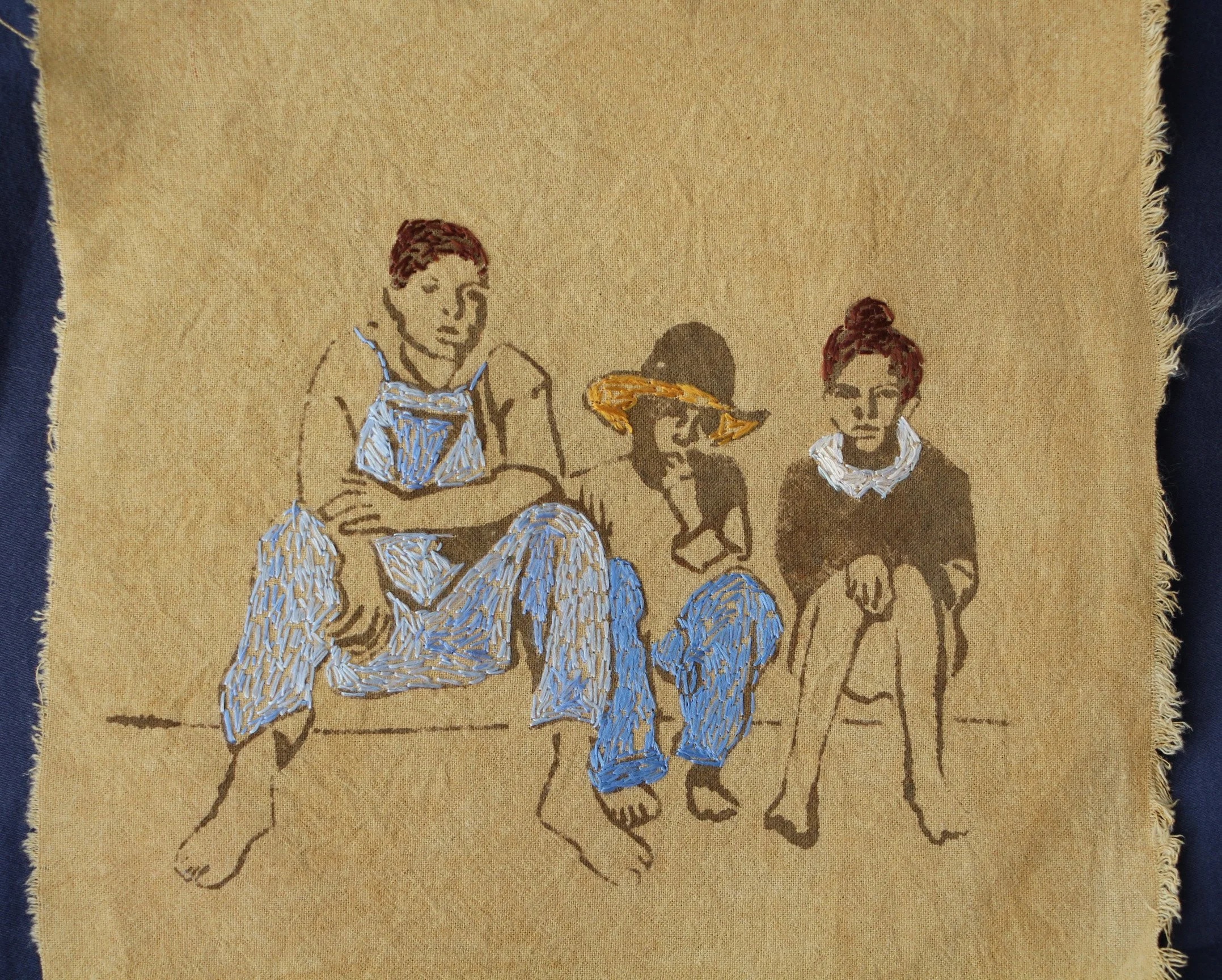 Porch Children (2026)—Small cotton swatch, dyed with oak gall tannin, iron mordant print, and silk embroidery