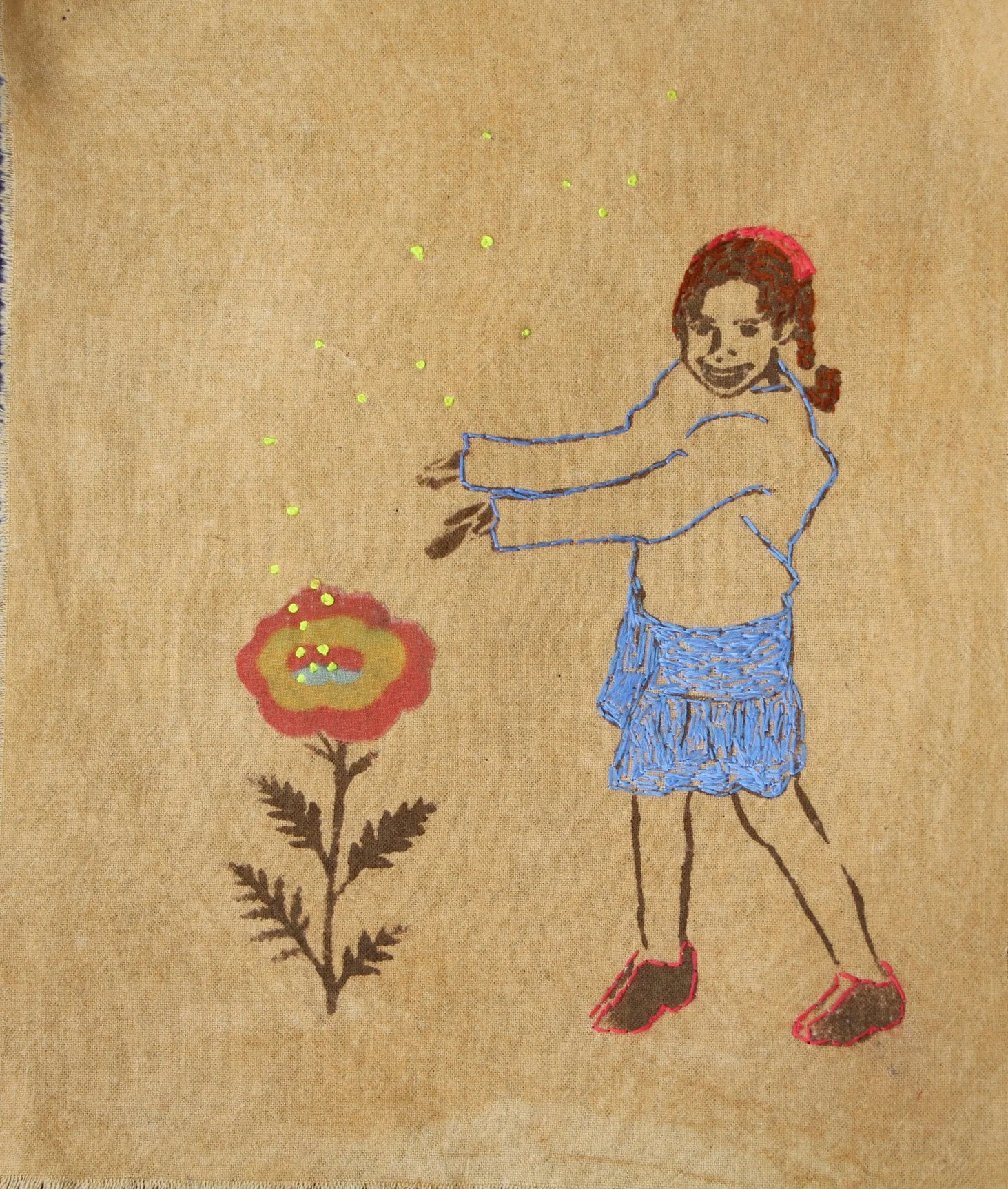 Girl Ushering in Virgo (2026)
Small cotton swatch; oak gall tannin dye, iron mordant print, silk embroidery