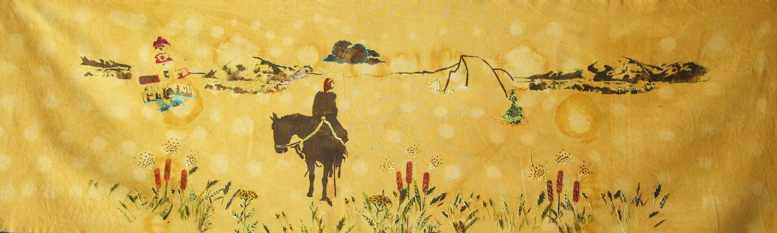 Pomegranate Sky (2025)
Tapestry—pomegranate dye, citric acid, iron mordant print, and silk embroidery