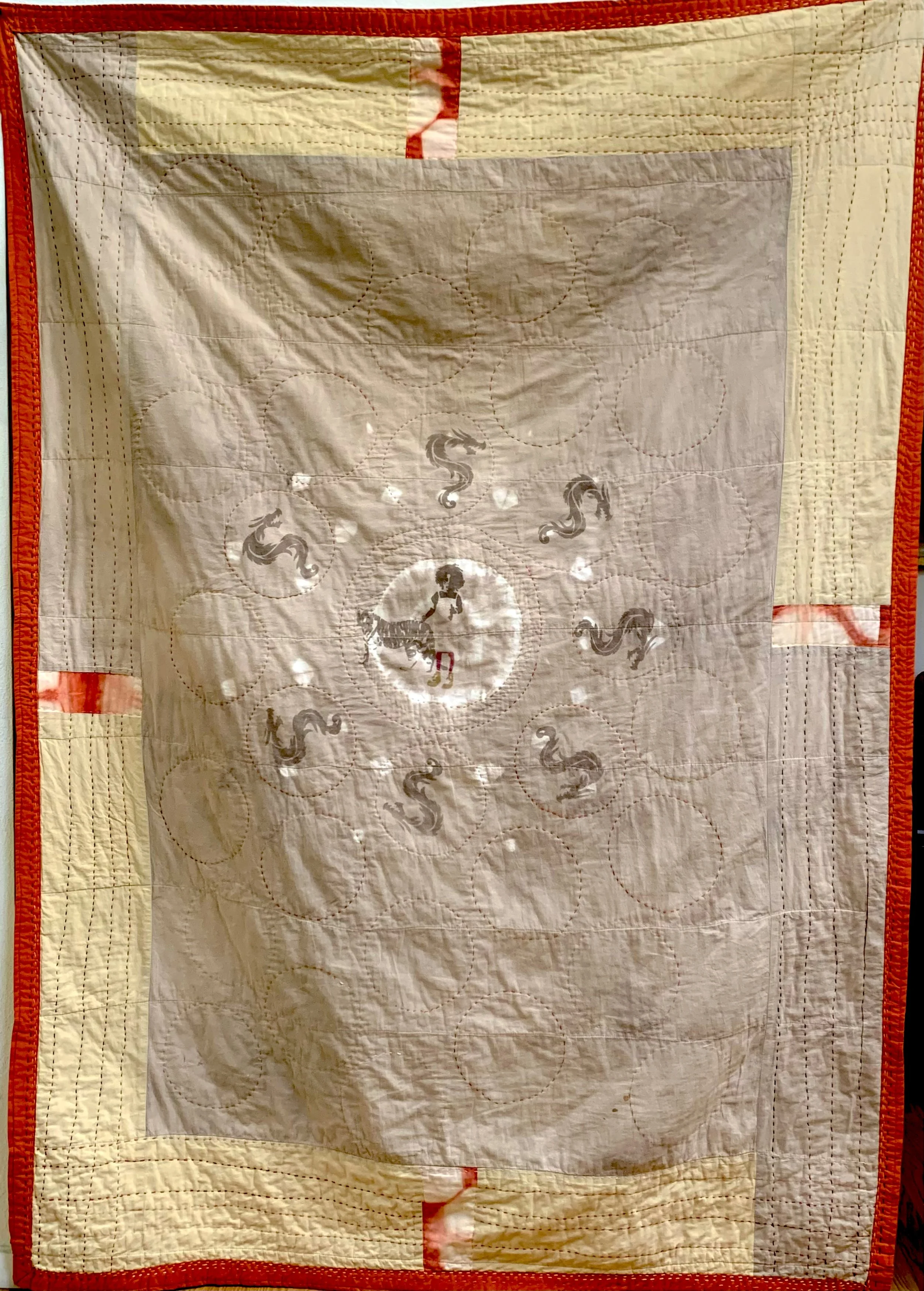Tiger Mom and Dragon Girl (2022)—Quilt, Up-cycled cotton, Walnut Dye, Oak Gall Tannin, Iron Mordant Print