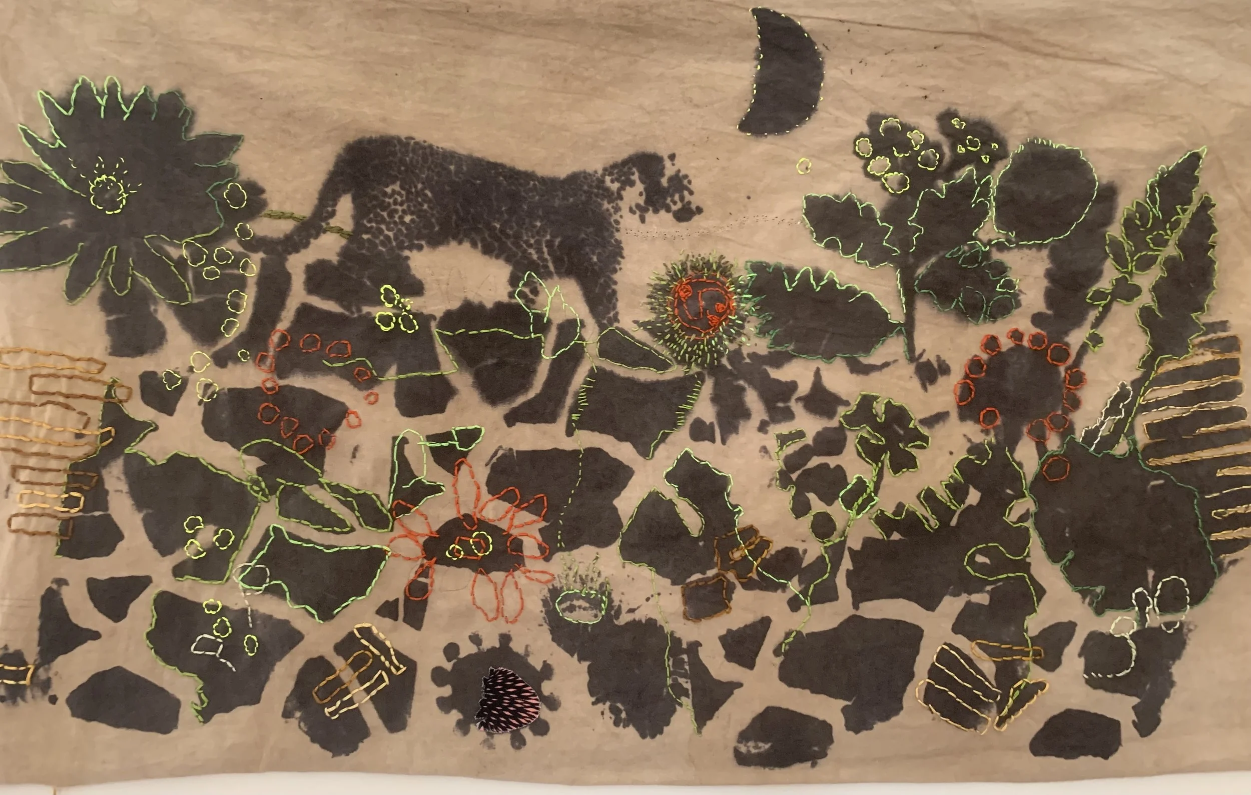 The Leopard (2023)—Tapestry dyed with oak gall tannin, iron mordant print, silk embroidery. 