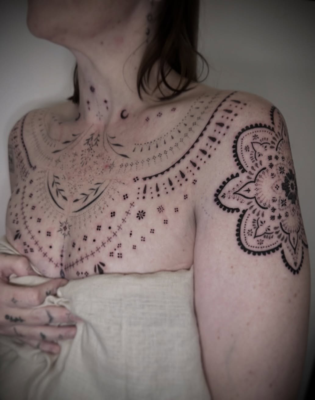 The beginning of a big project ✨

Today we started the first stage of a full-coverage chest and a full floral &amp; ornamental sleeve that will flow down the shoulder, anchored by this large ornamental mandala. This is just the foundation of what&rsq