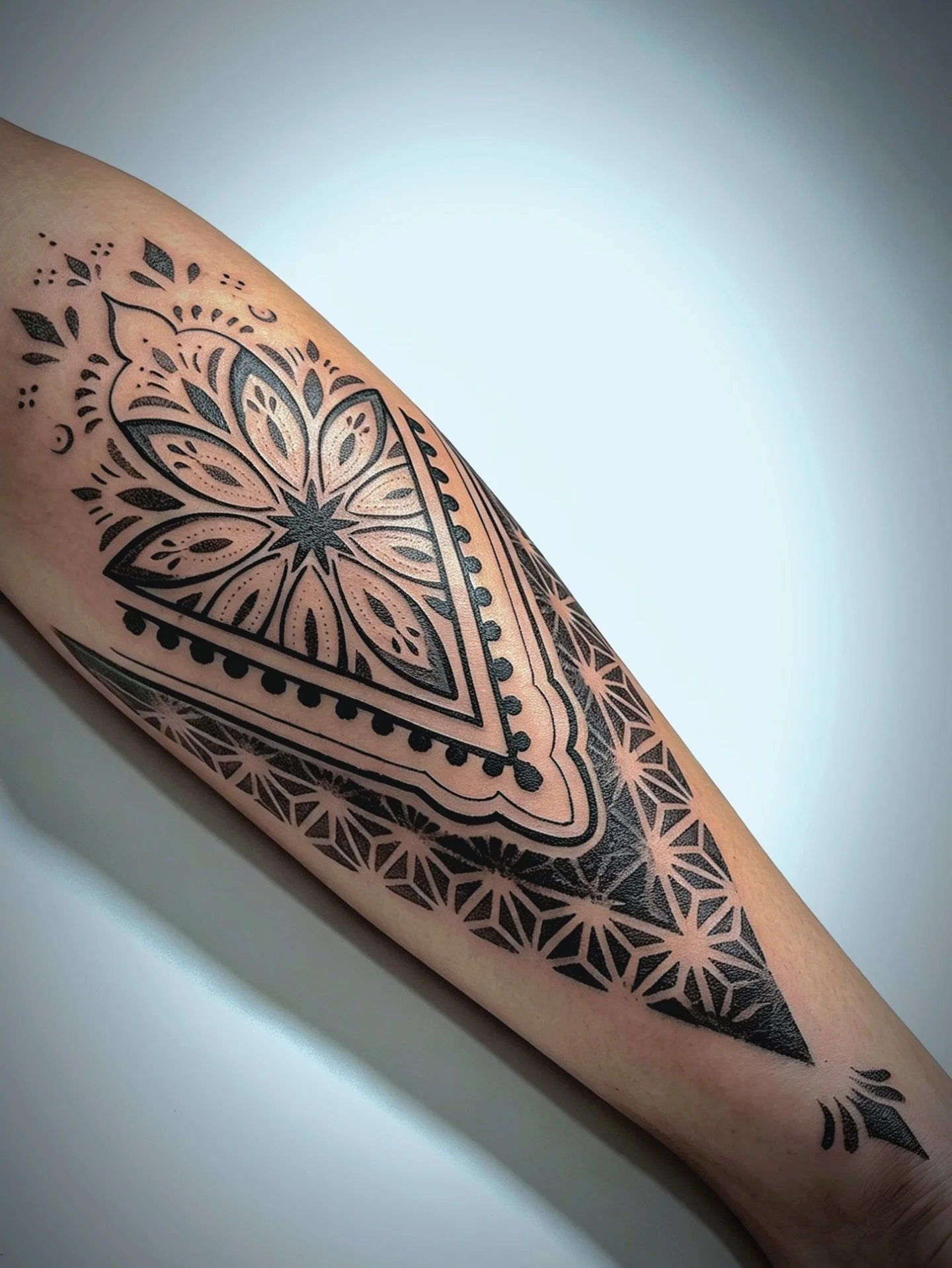 Bold lines, soft details, and a whole lot of intention ✨ 

This piece blends geometric structure with delicate ornamental flow, a balance between strength and grace. The mandala inspired center draws you in, while the sharp lower pattern grounds the 