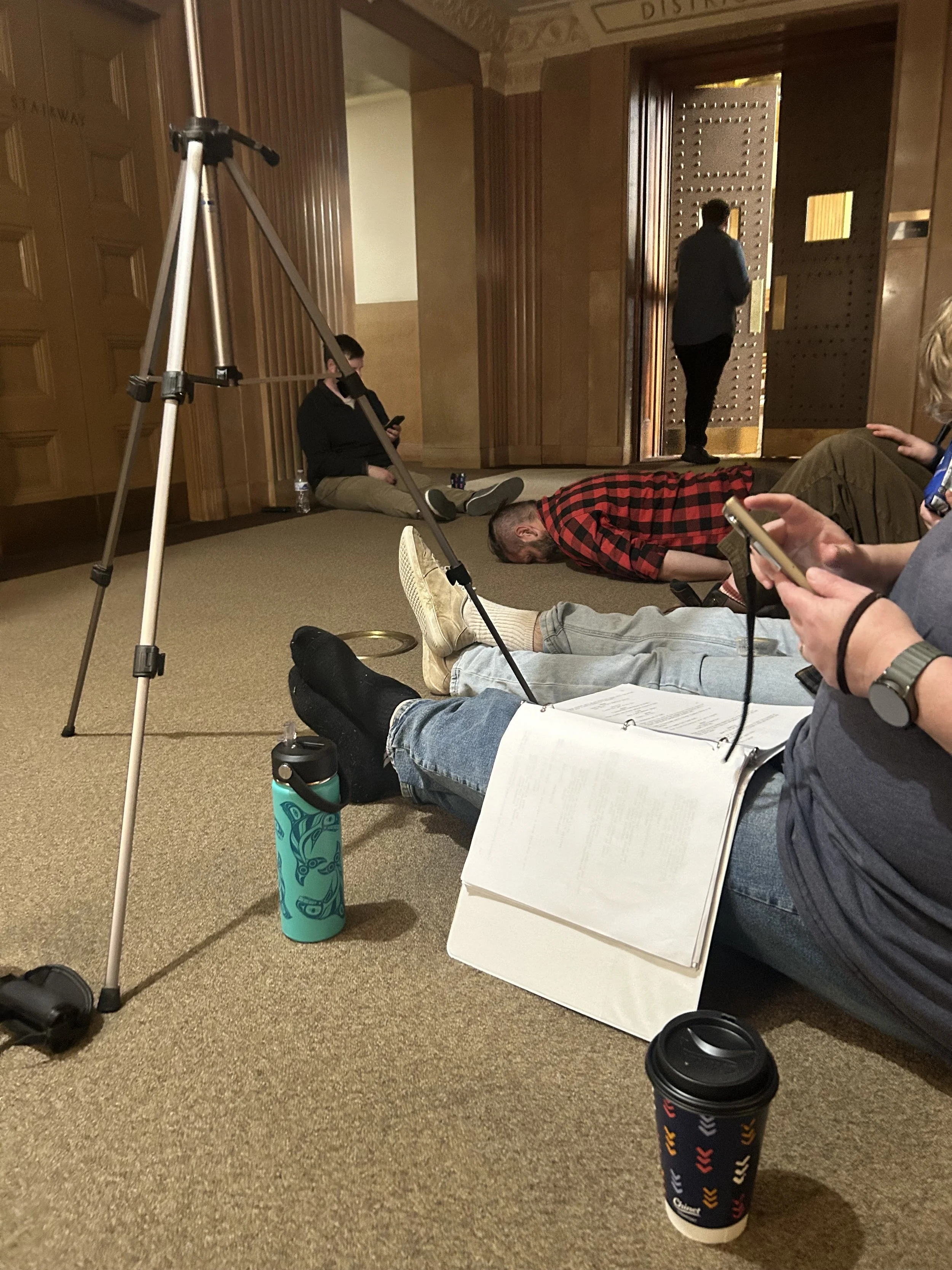 I wish I could find the video that led up to this. Hour 11 on day one in the courthouse, day 7ish on the project, as you can see we're all a bit dead. After finishing what was needed in the main courtroom, we needed a second location within the build
