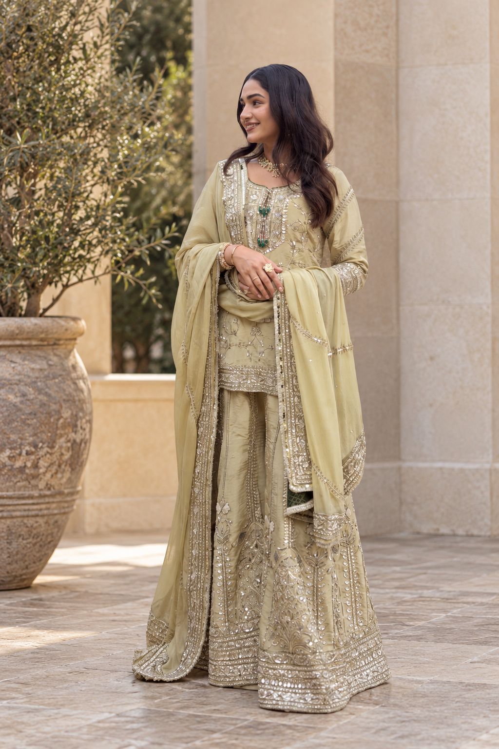 Elegant Sage Bridal Courtyard Portrait.png