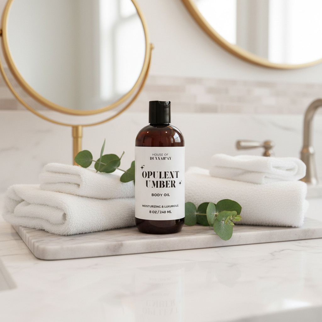 A bathroom vanity with a brown bottle of Opulent Umber body oil, four folded white towels, and green leaves, with mirrors and a faucet in the background.