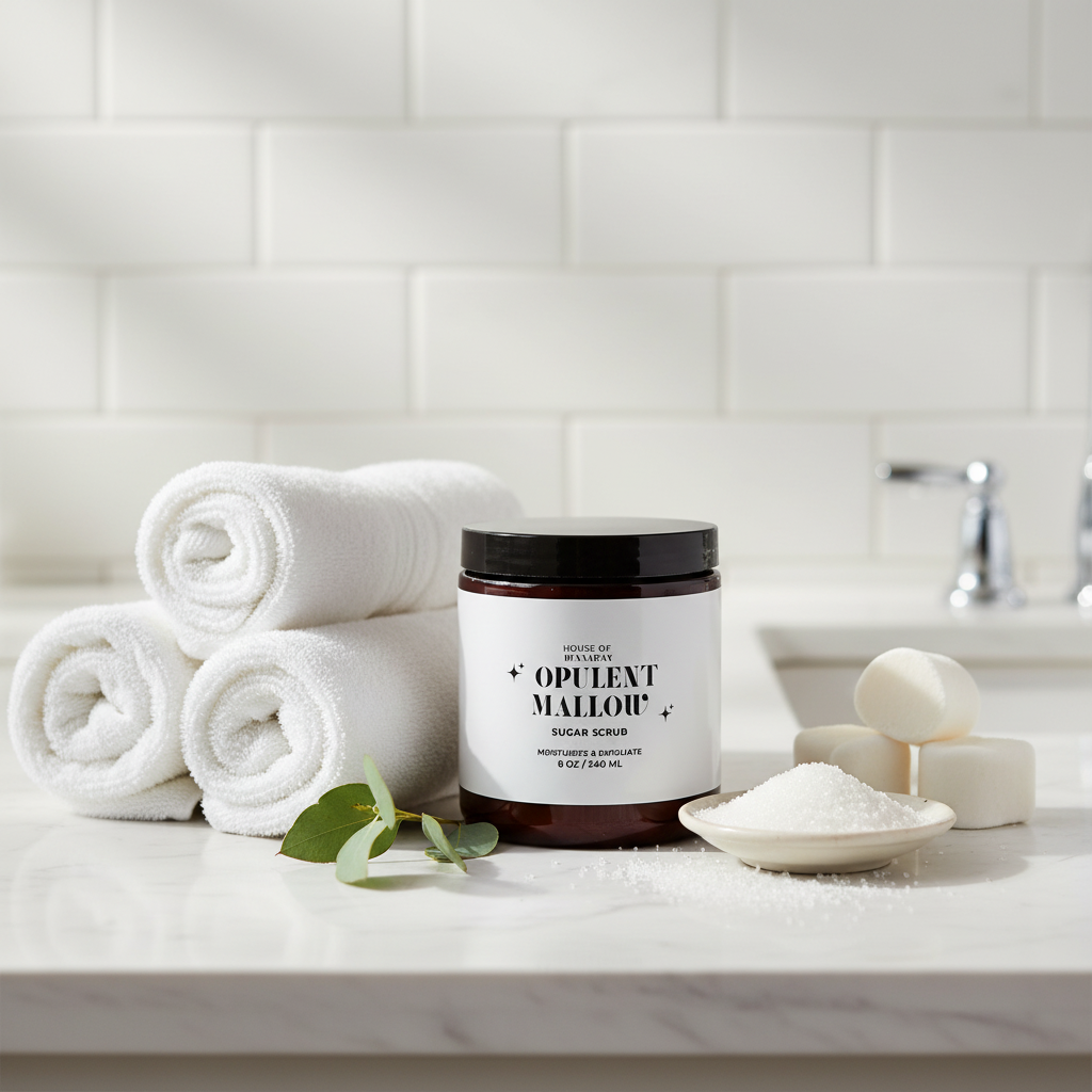 A jar of Opulent Mallow sugar scrub, three rolled white towels, soap, and a small spoonful of sugar on a white bathroom countertop in front of a white tiled wall.