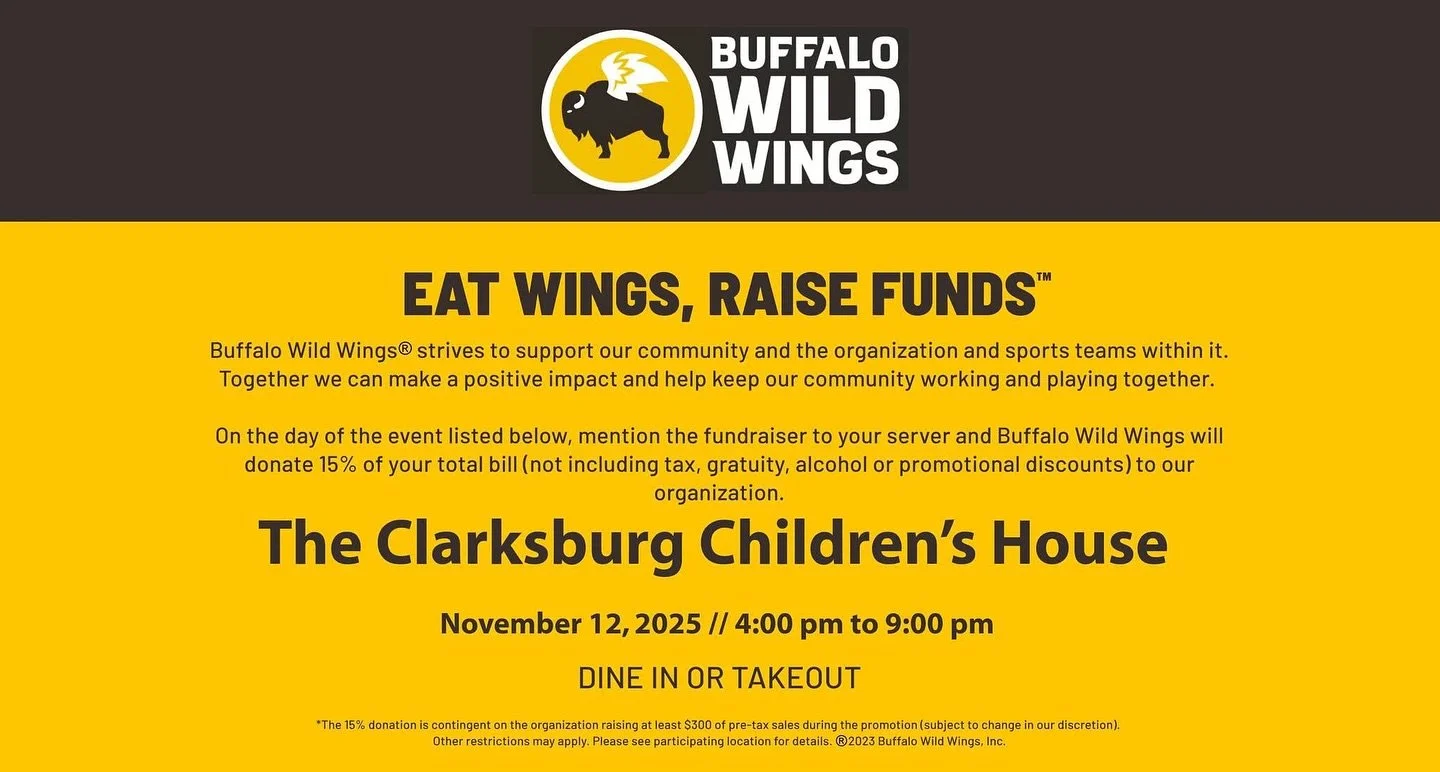 Save the date for an easy dinner next Wednesday! Dine in or order takeout from @bwwings on 11/12 between 4-9pm and mention The Clarksburg Children&rsquo;s House to make sure we receive the donation. More details below. See you there for dinner? ☺️