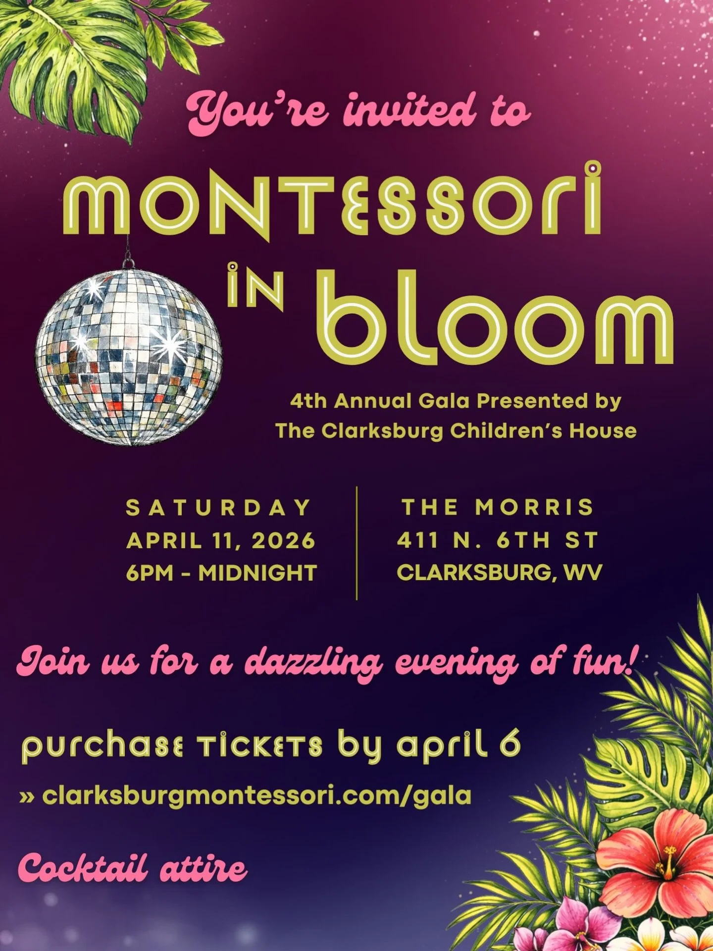 🎟️🌸 Tickets are now on sale for the 4th Annual Montessori in Bloom Gala! 🌸🎟️

We are excited to introduce an Early Bird discount this year. Enjoy 10% off all tickets when you purchase by February 28 at midnight by choosing the Early Bird ticket o