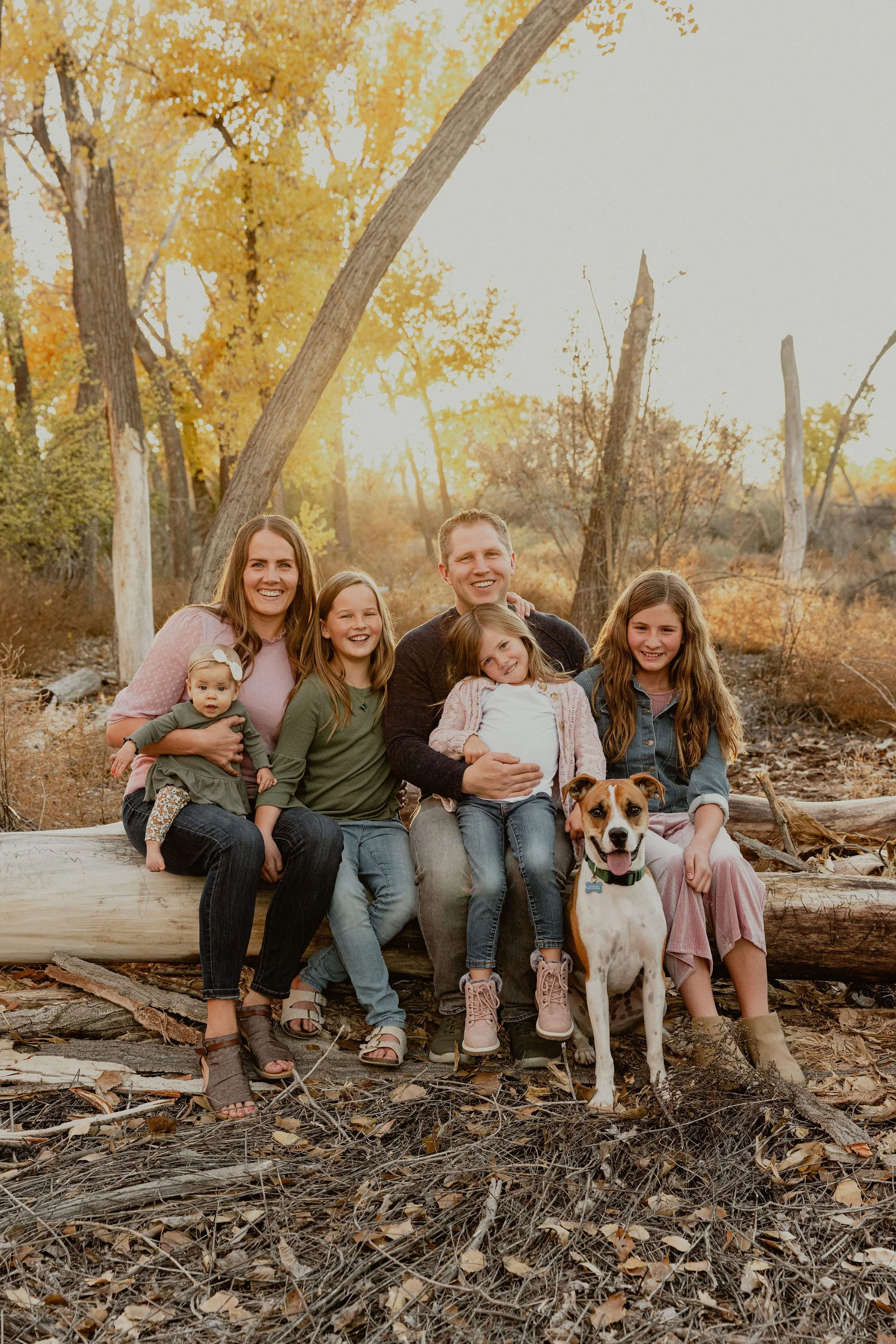 Family posing in autumn forest with dog, sitting on log.