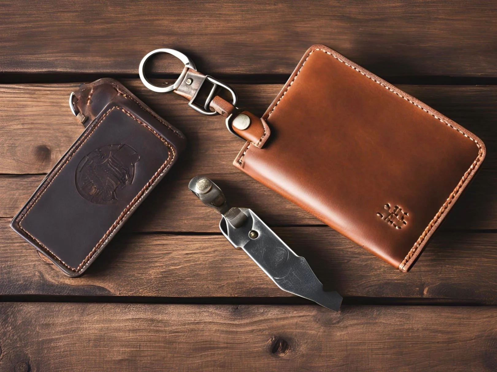 Handmade leather wallet on a wooden workbench